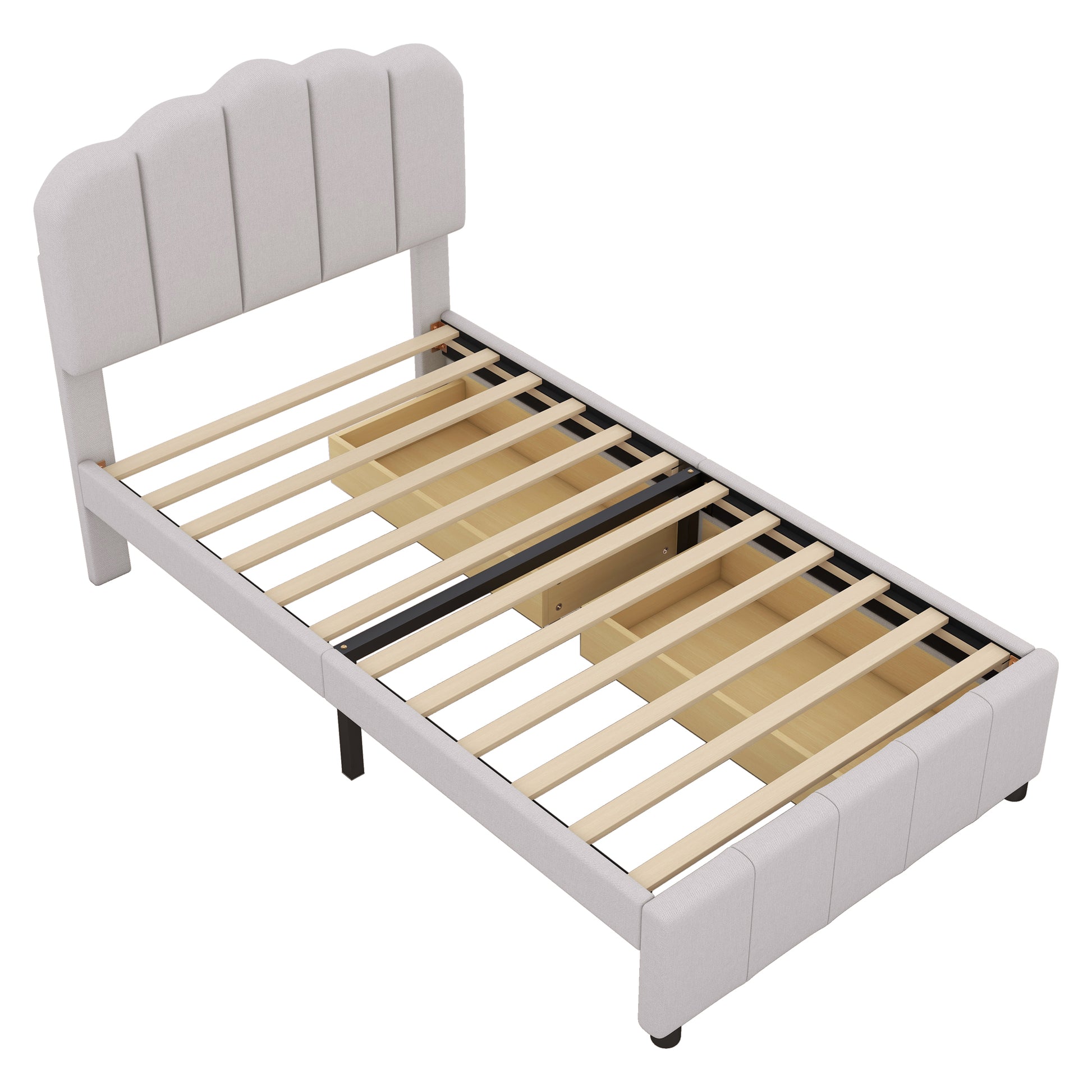 Twin Size Upholstered Bed With 2 Storage Drawers,Wood Slat Support, Beige Twin Beige Upholstered