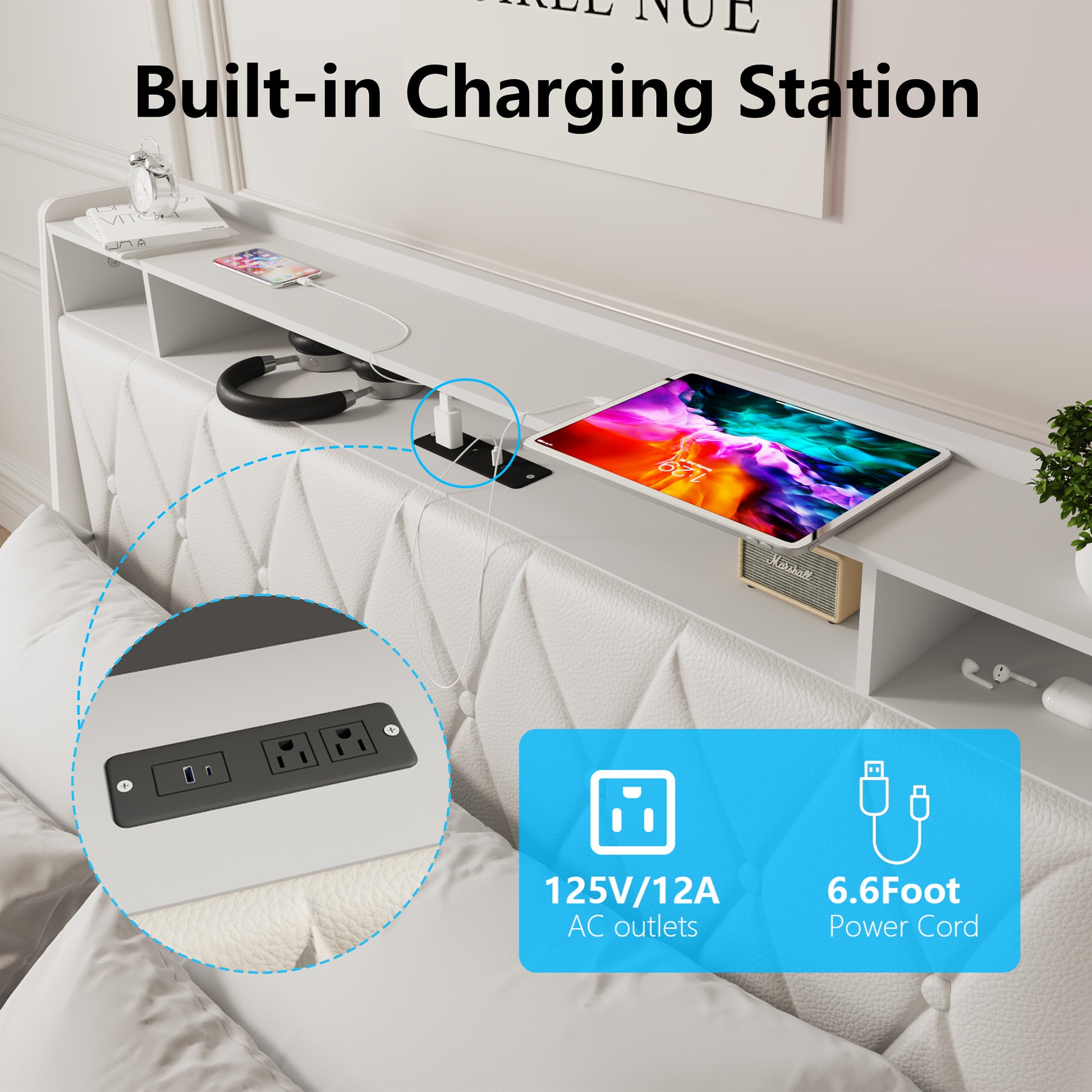 Full Size Bed Frame With Ergonomic Headboard, Full Platform Bed Frame With Outlets & Charger, Full Bed Frame With Storage Shelf, Bed Frame Full Size, Noise Free, No Box Spring Needed Box Spring Not