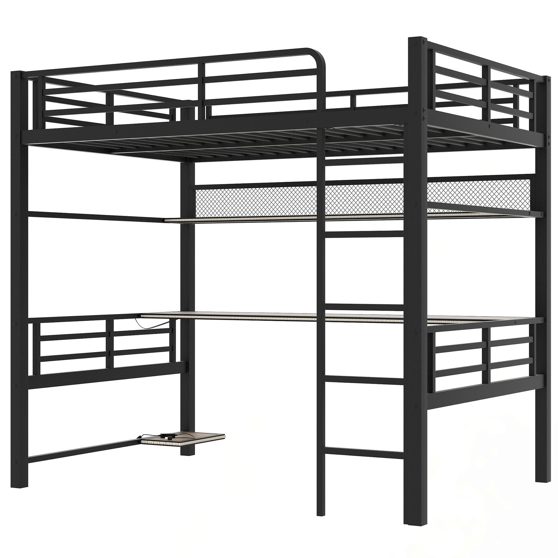 Full Size Metal Loft Bed Frame With Storage Shelf And Led Light,Iron Mesh,Black Black Metal