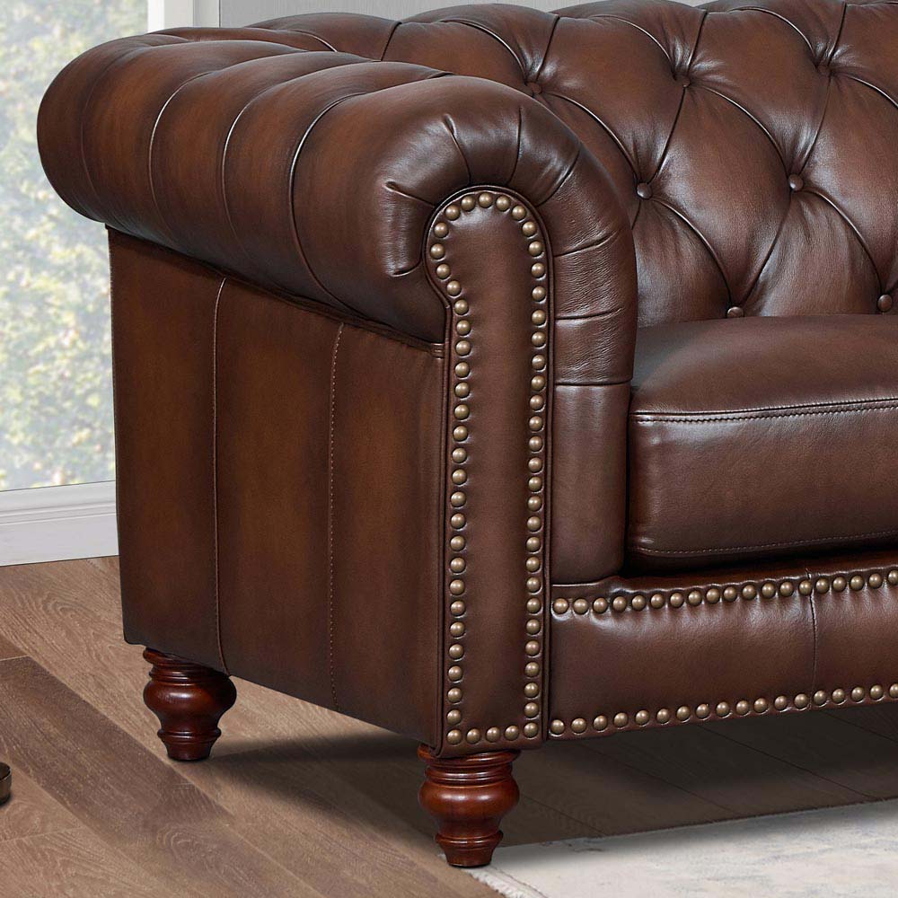 Alton Bay Top Grain Leather Sofa Couch Brown Genuine Leather Wood Primary Living Space Medium Firm Tufted Back Mid Century Modern Eucalyptus Rolled Arms Down Filling Leather 3 Seat