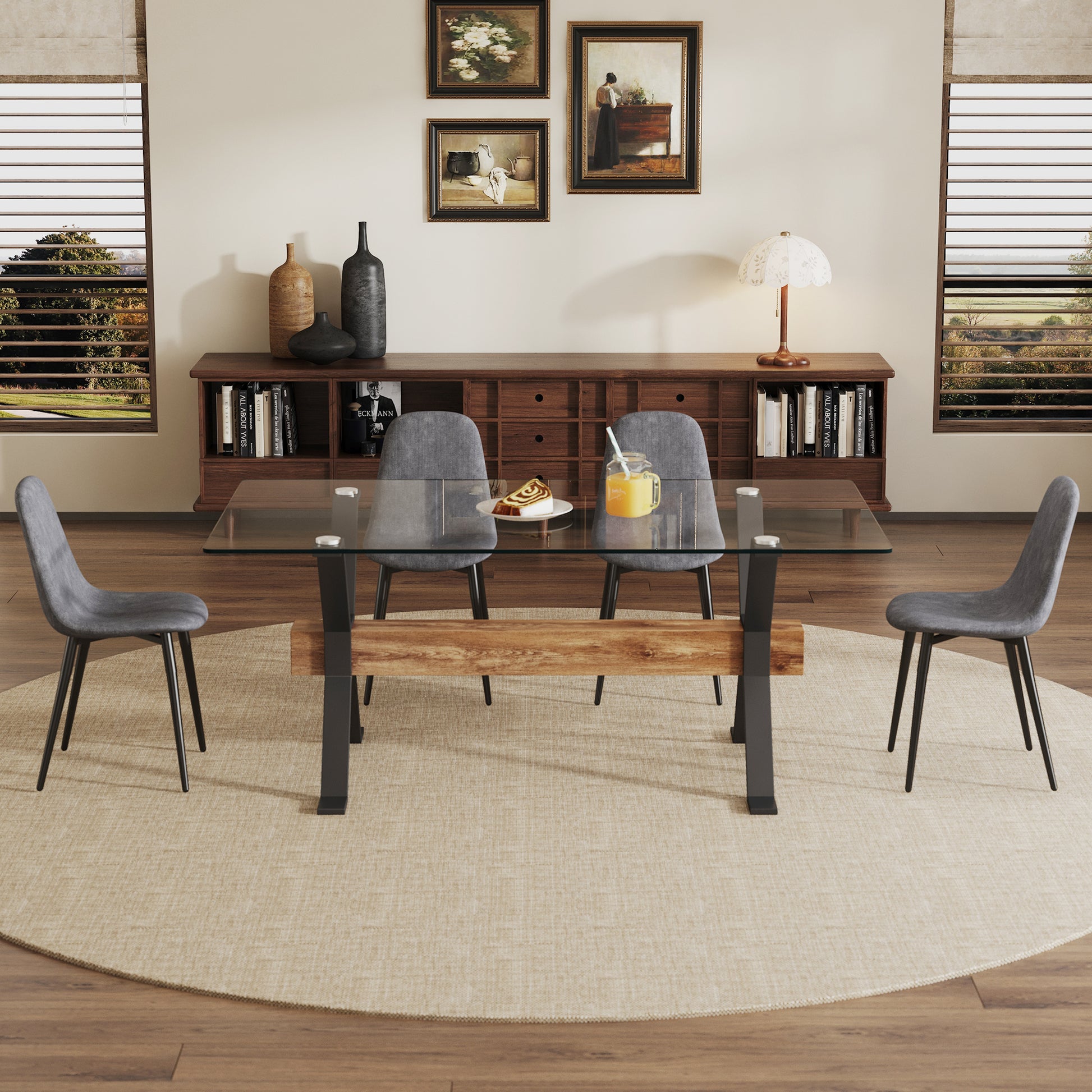 Dining Table. Modern Tempered Glass Dining Table. Large Modern Office Desk With Black Metal Legs And Mdf Crossbars, Suitable For Home And Office Use. 4 High End Cushioned Seats.F1105 B0501A Transparent Mdf Glass