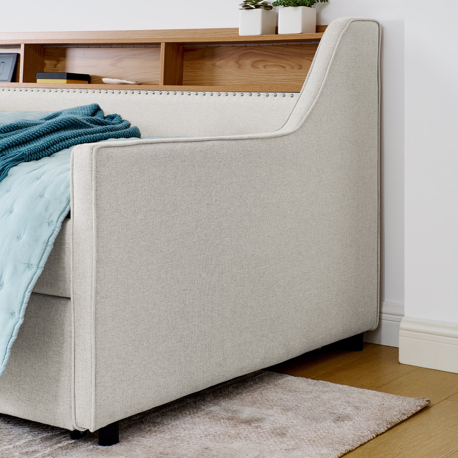 Twin Size Upholstery Sofa Bed With Three Led Lights, With Storage Adjustable Headboard, With Foldable Leg Pull Up Trundle Bed And Wireless Charging, Linen Padded Sofa Bed Frame, Beige Box Spring Not Required Twin Beige Composite Bedroom Classic