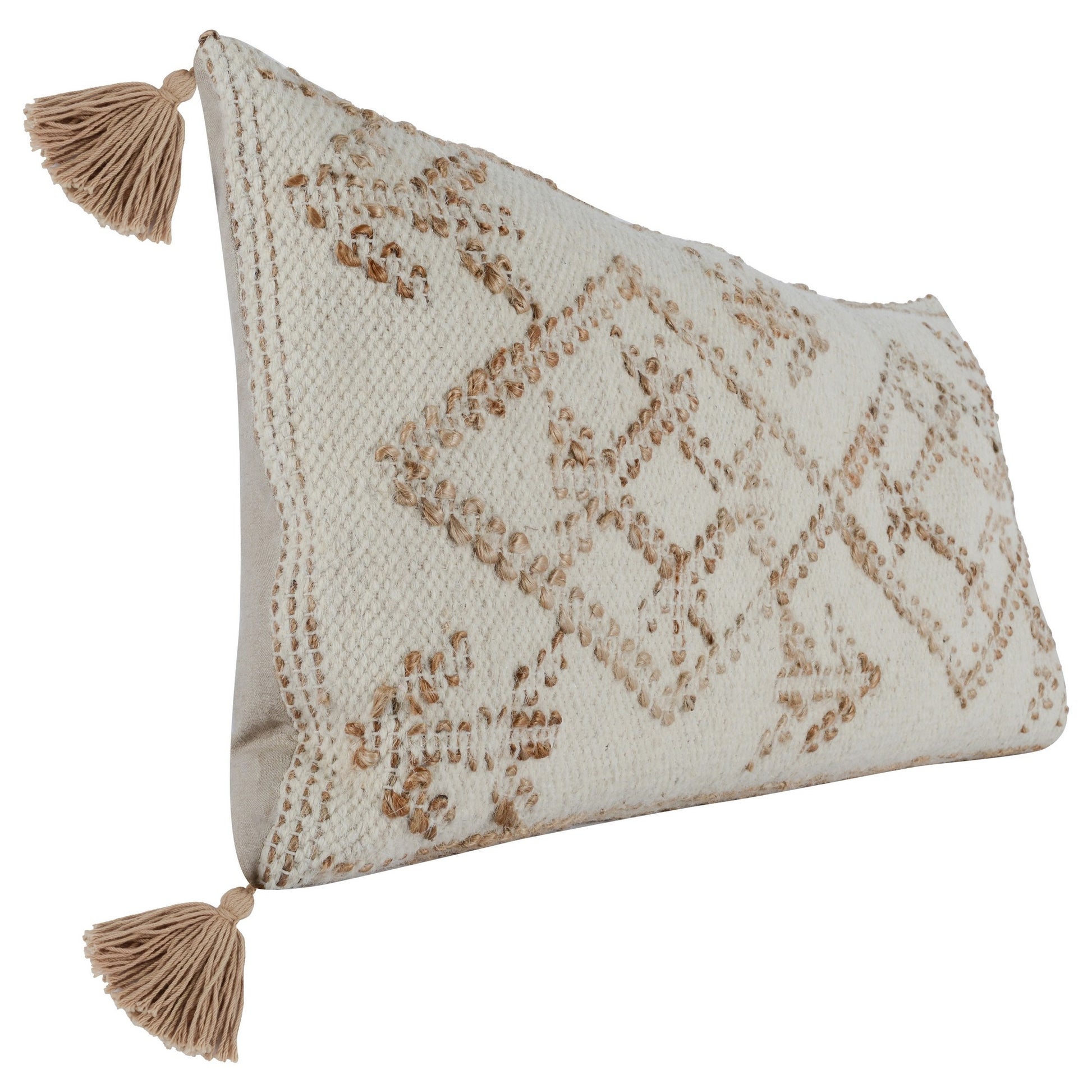 16 X 36 Lumbar Throw Pillow, Diamond Jute Cotton Cover, Tassels, Brown Brown White Polyester Blend