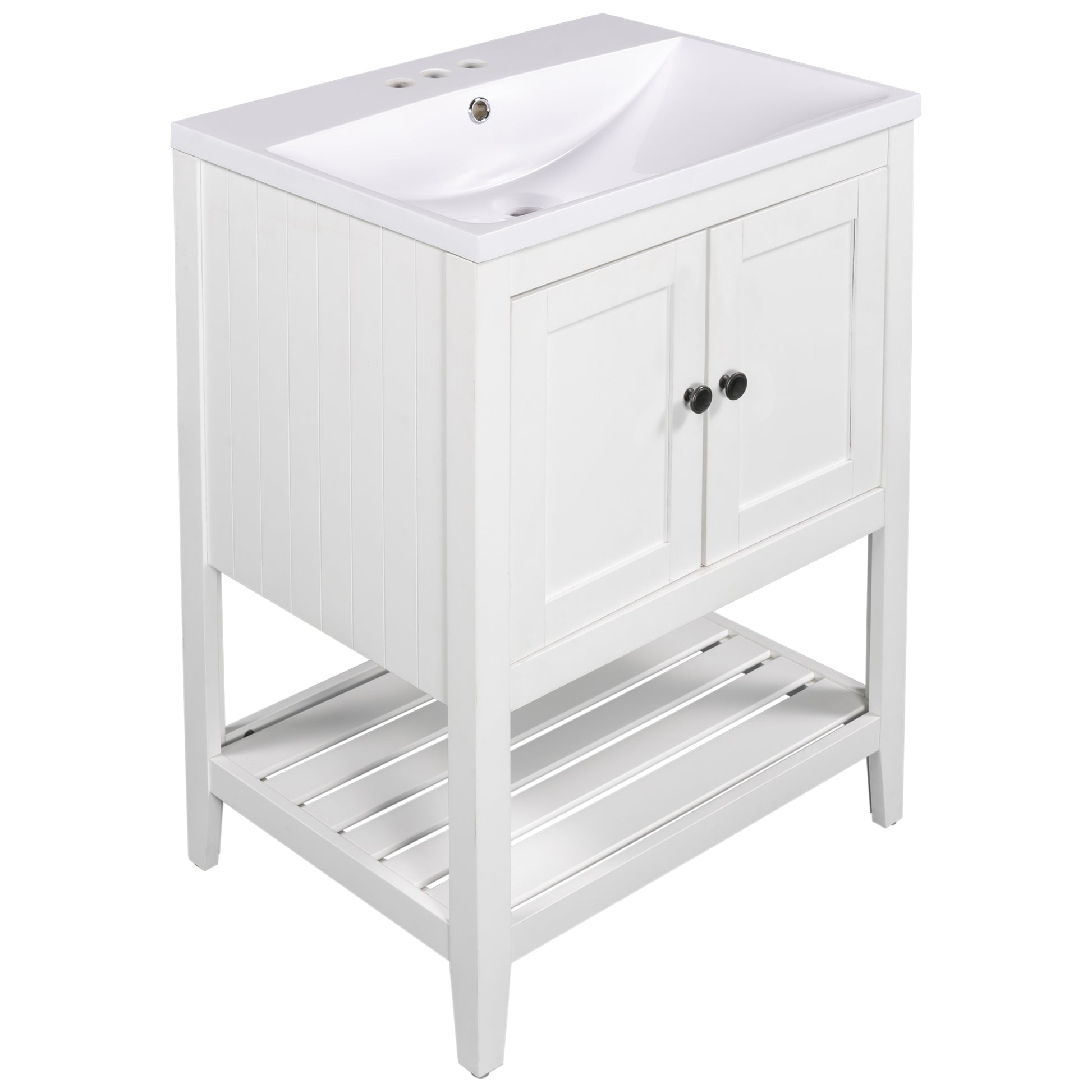 Video 24" White Modern Sleek Bathroom Vanity Elegant Ceramic Sink With Solid Wood Frame Open Style Shelf Old Sku: Jl000001Aak White Solid Wood