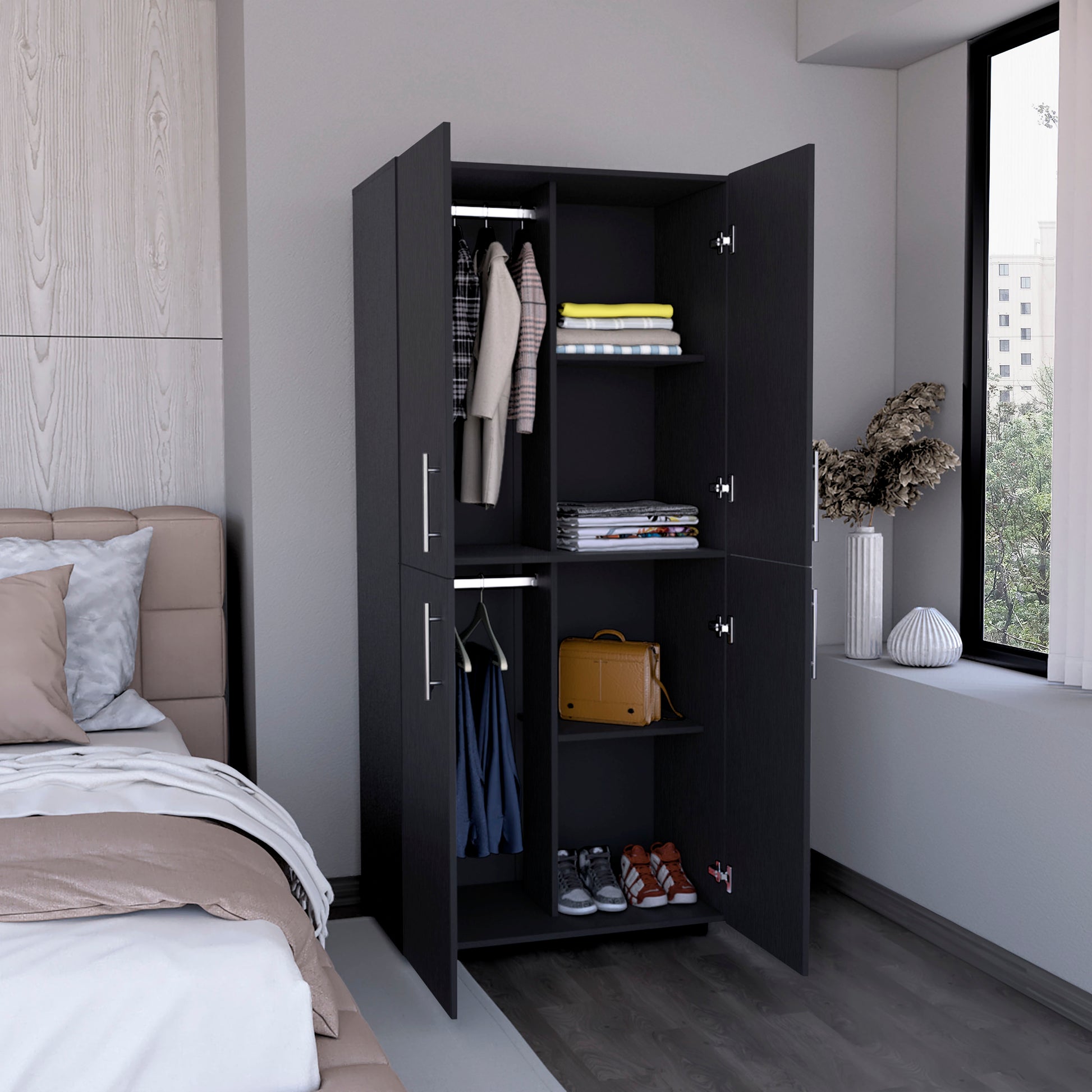 Hazel 70" High Four Door Armoire Wardrove Closet Cabinet, Six Shelves And Two Hanging Rods, Bedroom Clothes Storage Cabinet Organizer Black Black Bedroom Modern Particle Board
