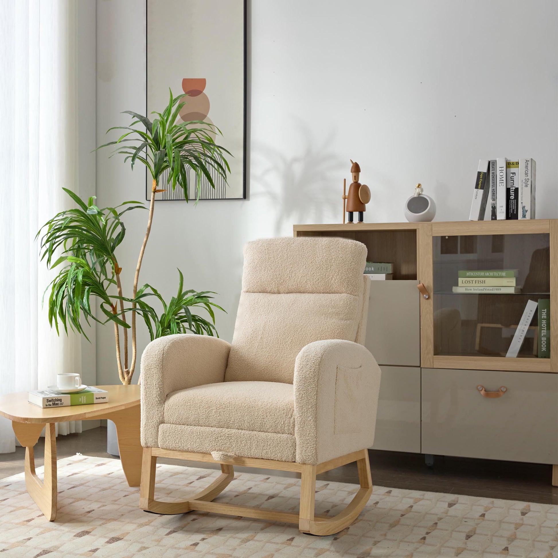 Modern Accent Rocking Chair Rocking Chair With Solid Wood Legs, Upholstered Nursery Glider Rocker, Comfy Armchair With Side Pocket, Living Room Lounge Arm Chair With High Backrest Teddy Beige Rubber Wood,Teddy