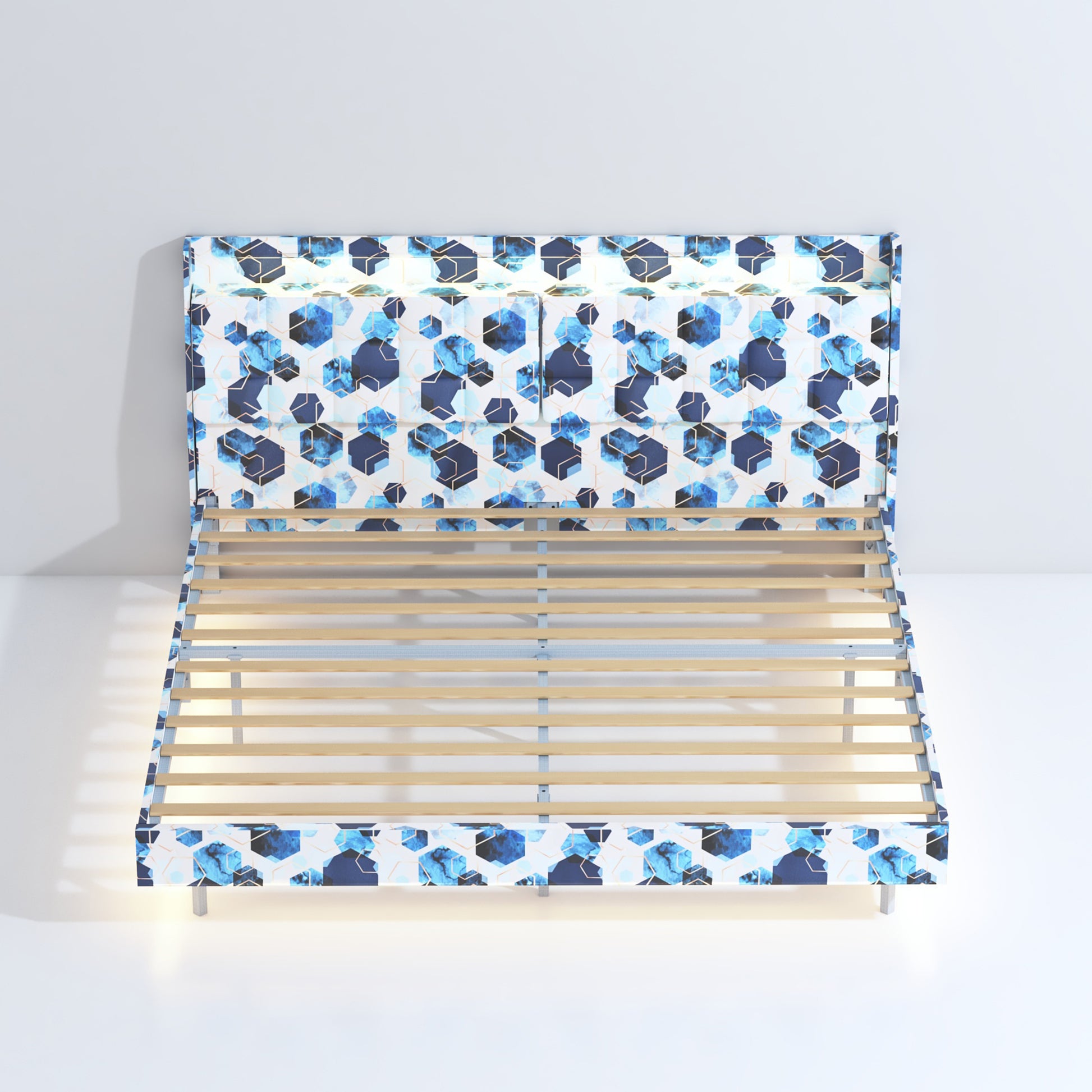 Queen Floating Bed Frame With Led Light And Charging Station Upholstered Platform Bed Frame Queen Size With Headboard And Hidden Storage Space, No Box Spring Needed, Blue Box Spring Not Required Queen Blue Geometry Metal Bedroom Bed Frame Velvet Velvet