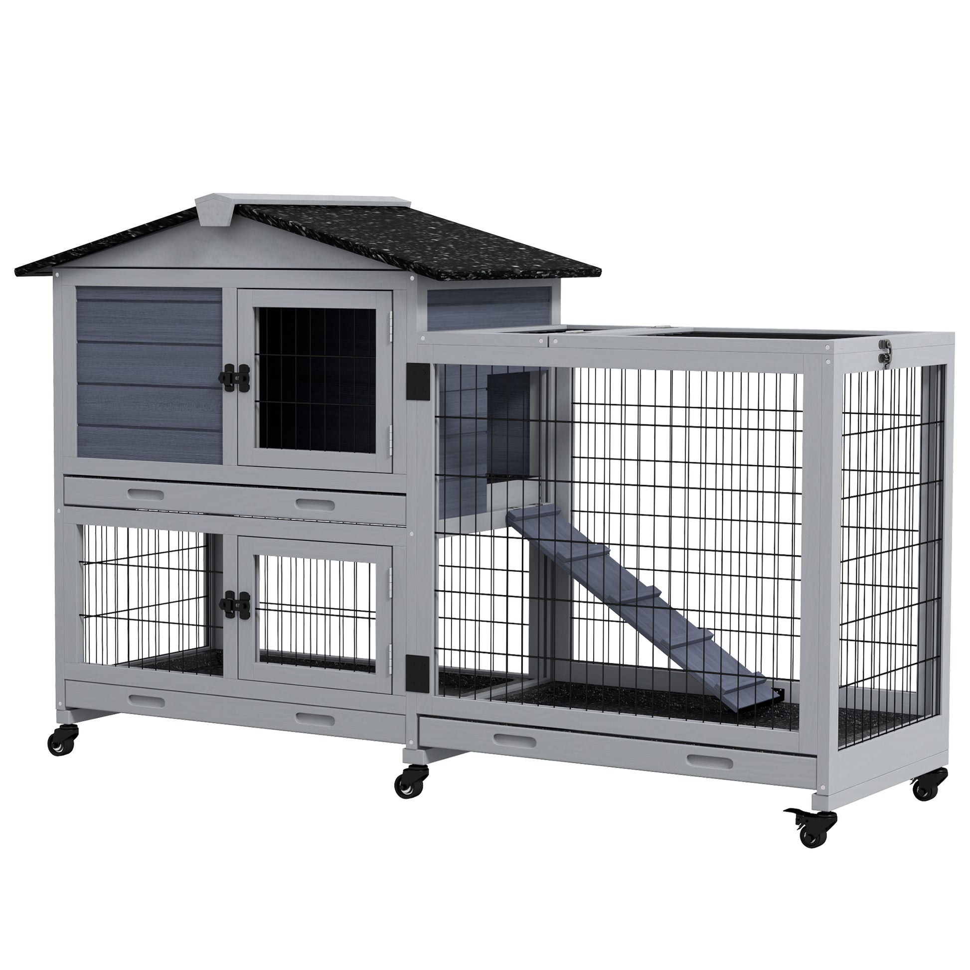 Pawhut Rabbit Hutch 2 Story Bunny Cage Small Animal House With Slide Out Tray, Wheels, For Indoor Outdoor, 59.8" X 20.9" X 39.2", Gray Grey Wood