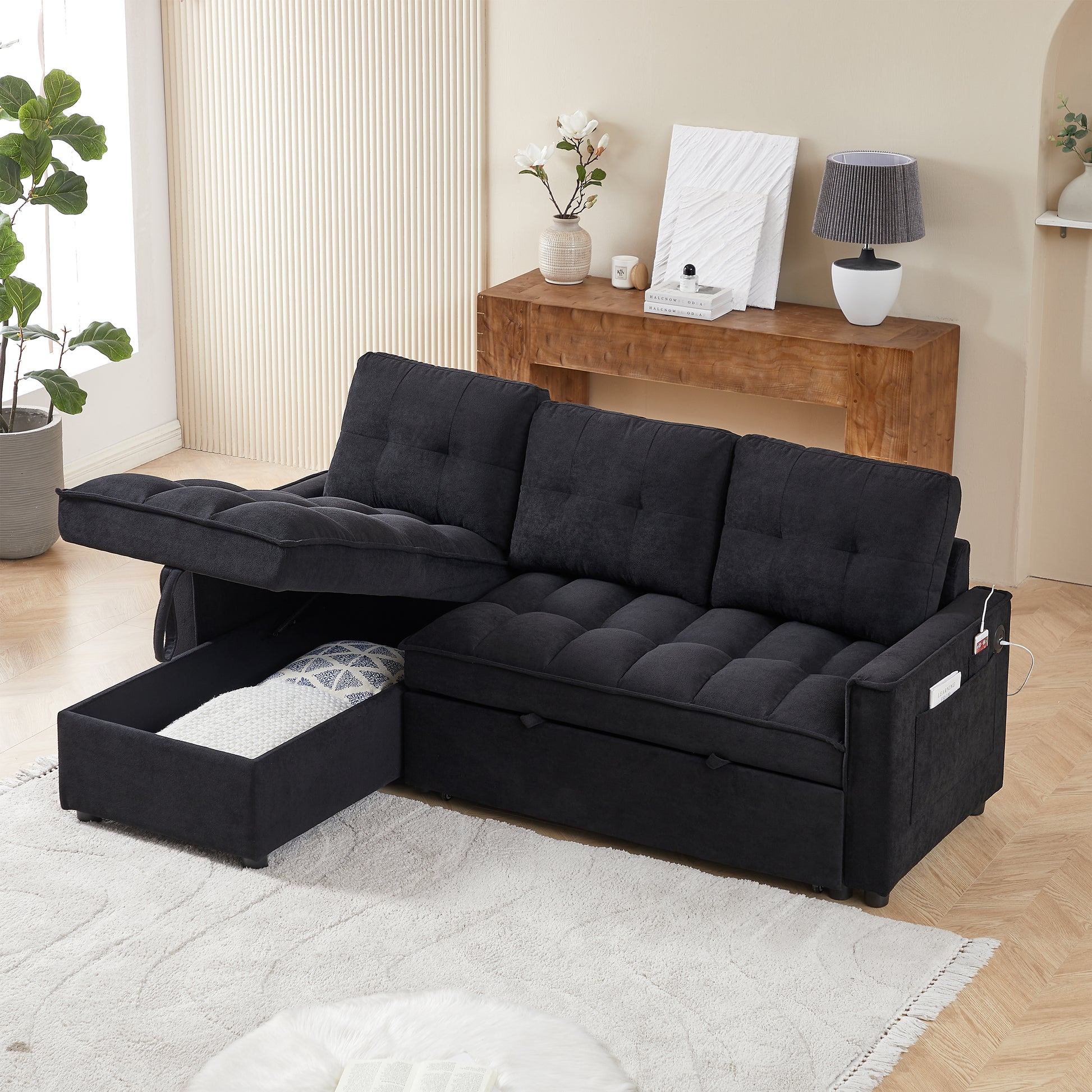 Mh 78.75" Reclining Sofa, Pull Out Sofa Bed With Usb And Tape C Charging Ports, L Shaped Sectional Sofa With Reclining Storage And Arm Side Organizer Pocket Features, Living Room Comfort Sofa Black