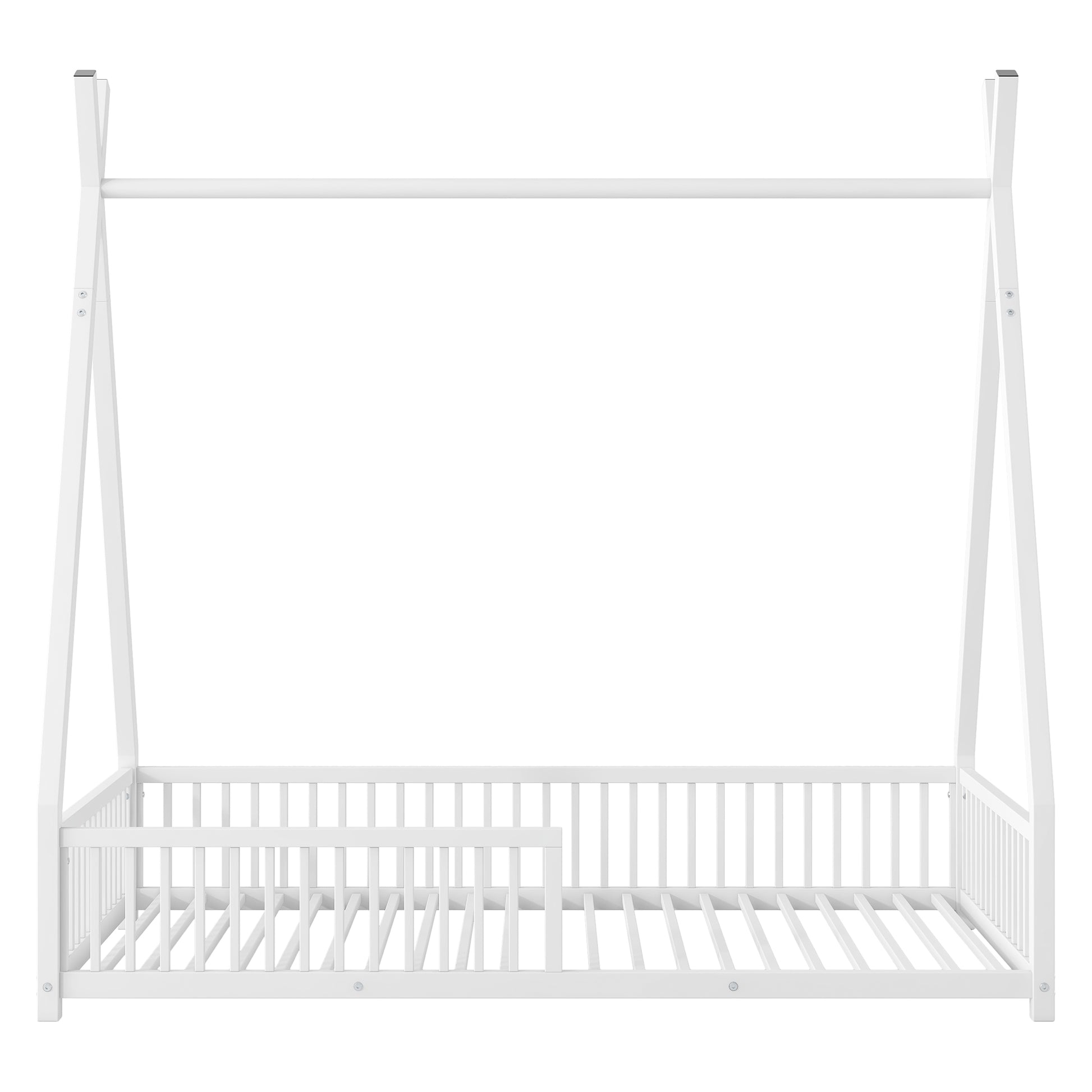 Metal Twin Size House Platform Bed With Triangle Structure And Guardrail, White Expected Arrival Time: 9.7 Box Spring Not Required Twin White Metal Metal