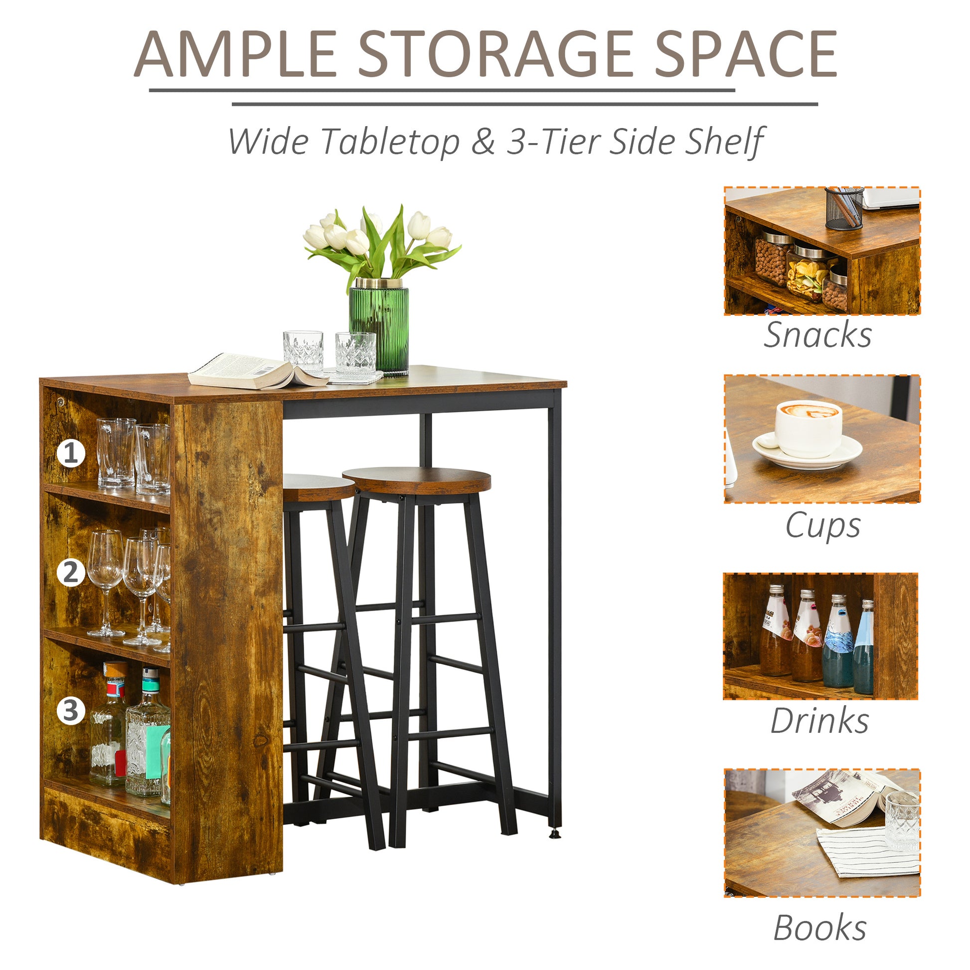Homcom 3 Piece Industrial Pub Table And Chairs, Counter Height Bar Table And Stools Set With Storage Shelf, Rustic Brown Rustic Brown Particle Board