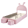 Twin Size Upholstered Rabbit Shape Bed With 2 Storage Stools, Velvet Platform Bed With Cartoon Ears Shaped Headboard, Pink Twin Pink Wood