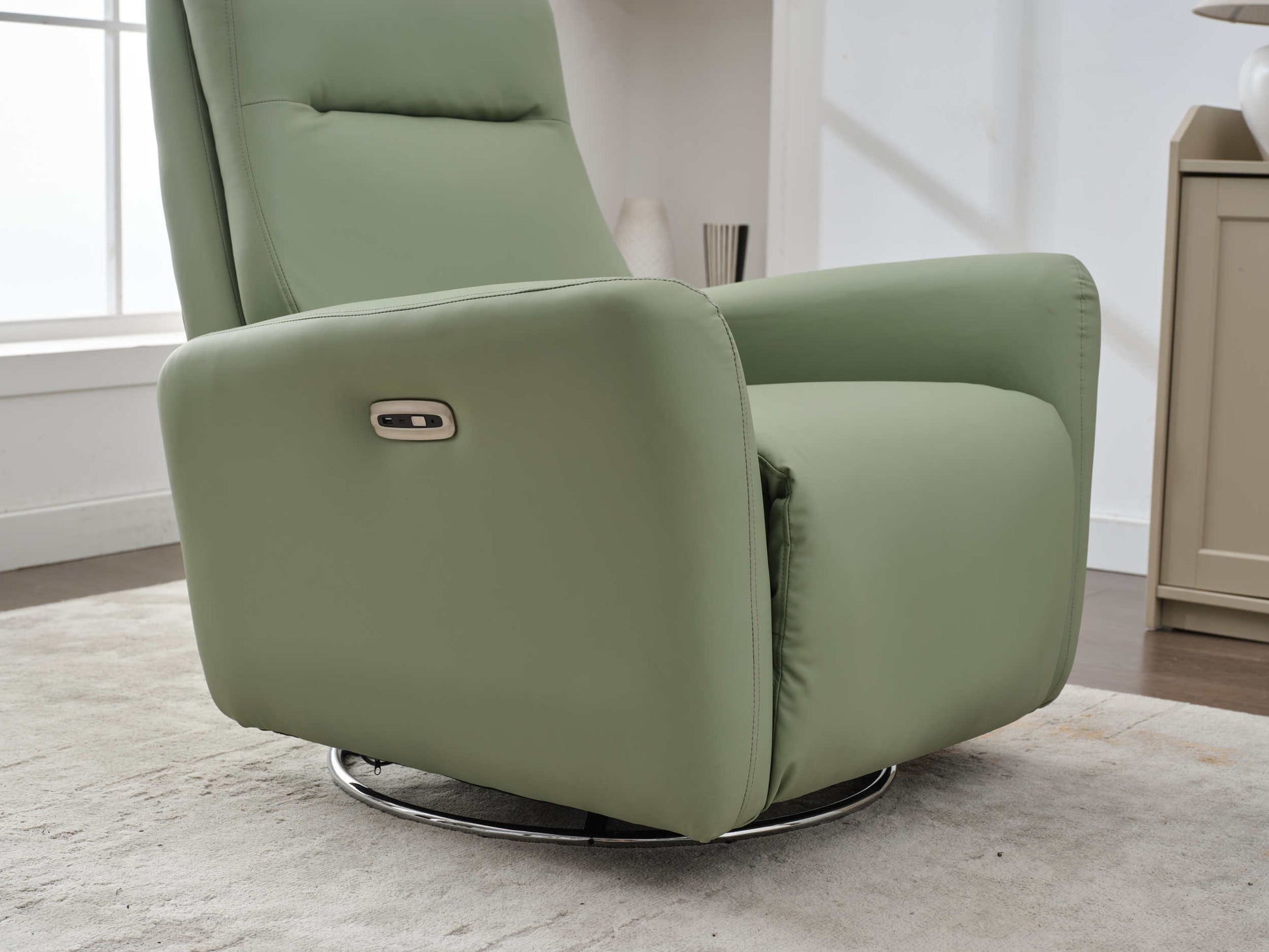 Swivel Glider Recliner Chair, 270 Power Recliner Rocking Chair Nursury Chair For Living Room Bedroom Apartment Green Faux Leather