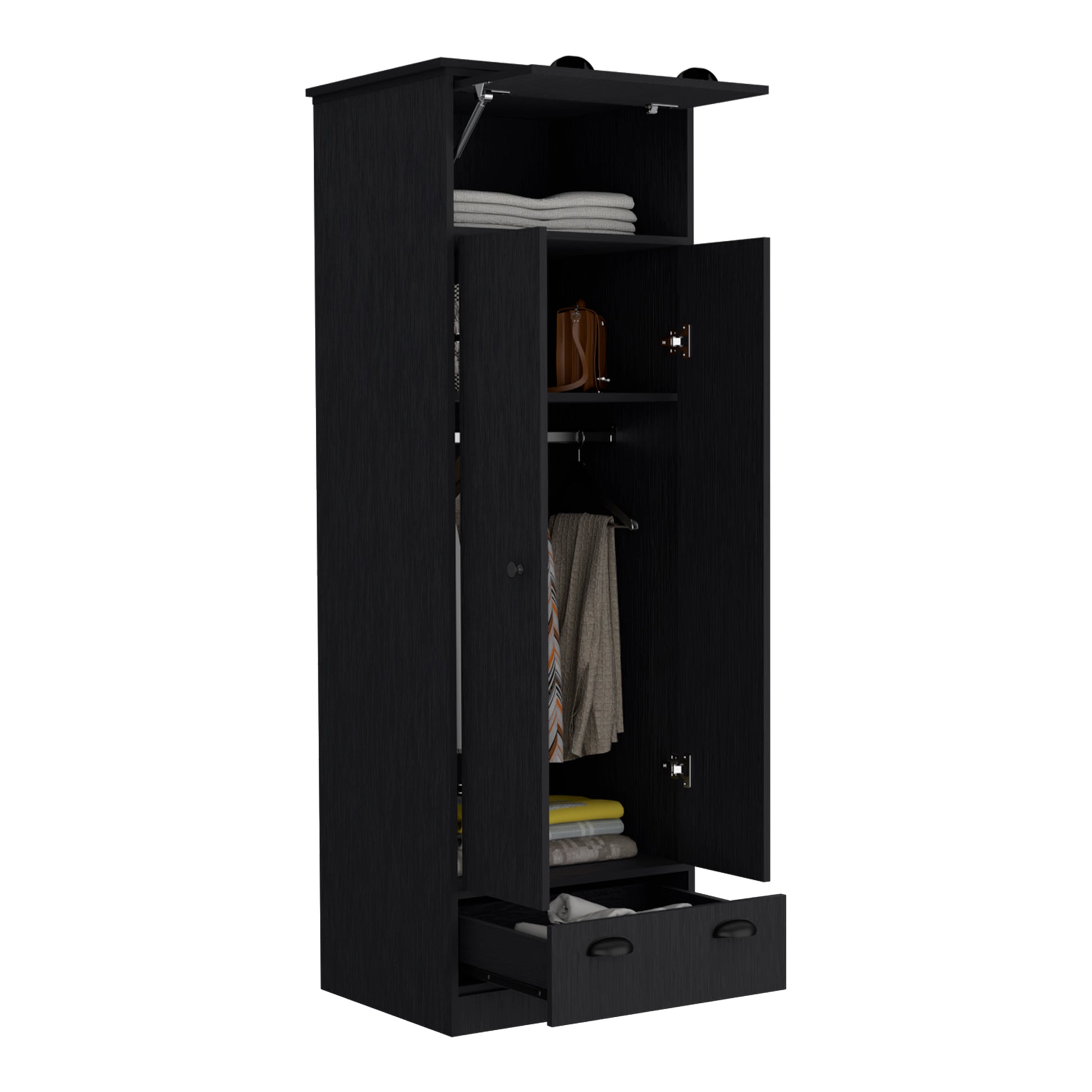 Falkland Armoire With 1 Drawer And 1 Hinged Drawer With Handles Black Black Bedroom Modern Particle Board