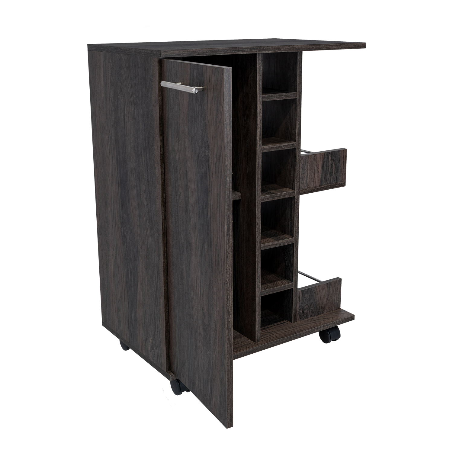 Bar Cart, Two External Shelves, Four Casters, Six Built In Wine Rack, Single Door Cabinet Espresso Brown Primary Living Space Particle Board Particle Board