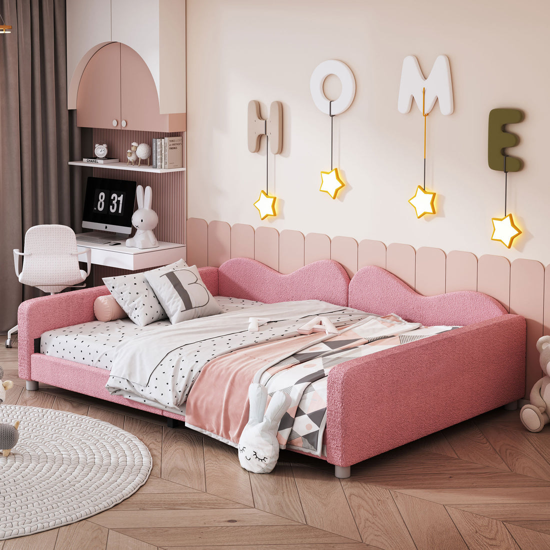 Full Size Upholstered Daybed, Sherpa Fabric Sofabed With Cloud Shaped Backrest, No Box Spring Needed, Pink Full Pink Wood Fabric