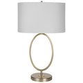 27 Inch Metal Table Lamp, Oval Center Ring, Gold, White Gold White Fabric Metal