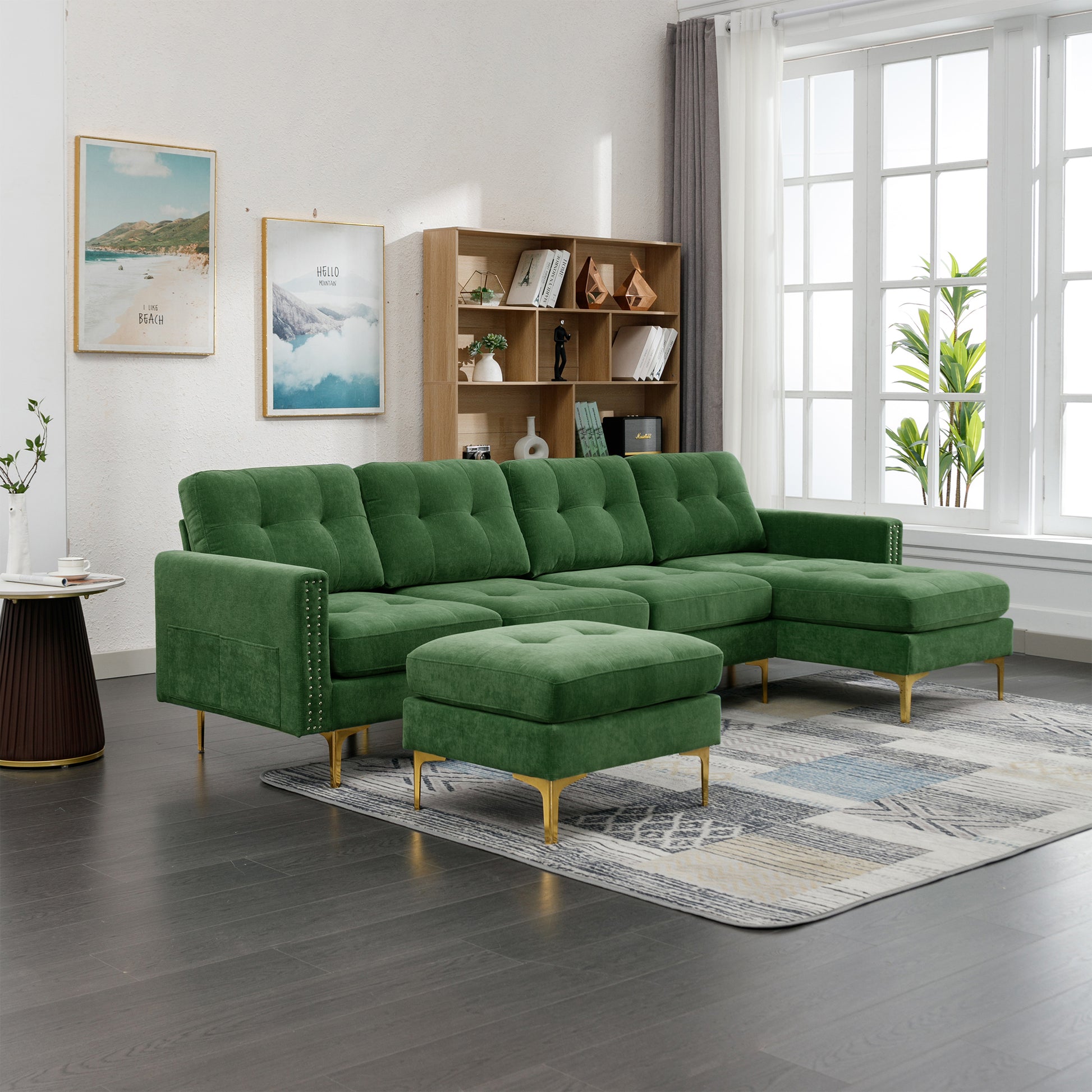 110" L Shape Convertible Sectional Sofa Couch With Movable Ottoman For Living Room, Apartment, Office, Green Green Foam Velvet 4 Seat