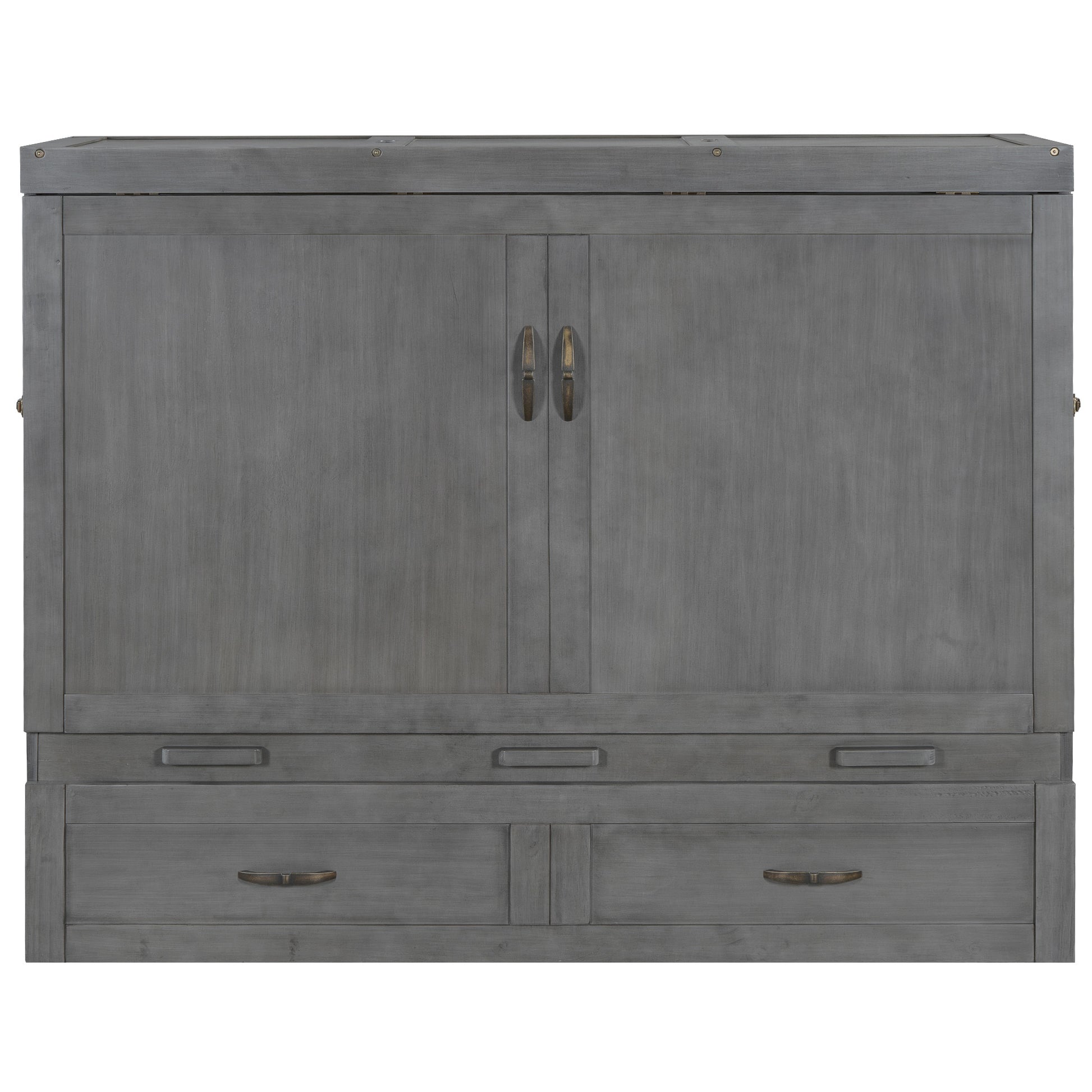 Queen Size Murphy Bed With Usb Ports, Large Drawers And Metal Handles, Antique Grey Queen Gray Solid Wood Mdf