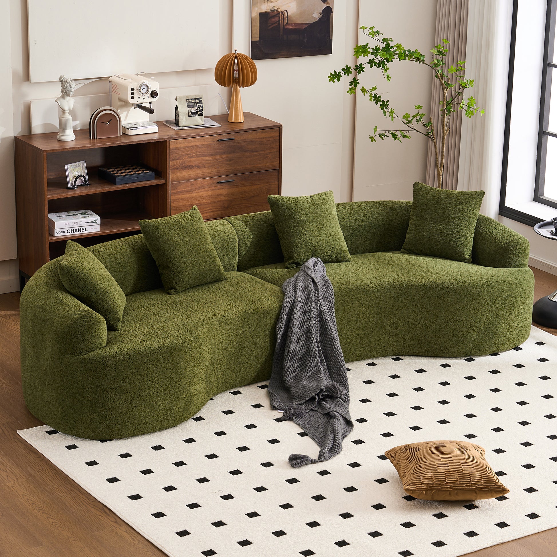 4 Seater Green Sofa With Chenille Fabric, 30D ,60 Hardness Full Sponge,4 Pillow For Living Room, Home Furniture Sleeper Sectional Sofa For Apartment Green Chenille Primary Living Space Medium Firm