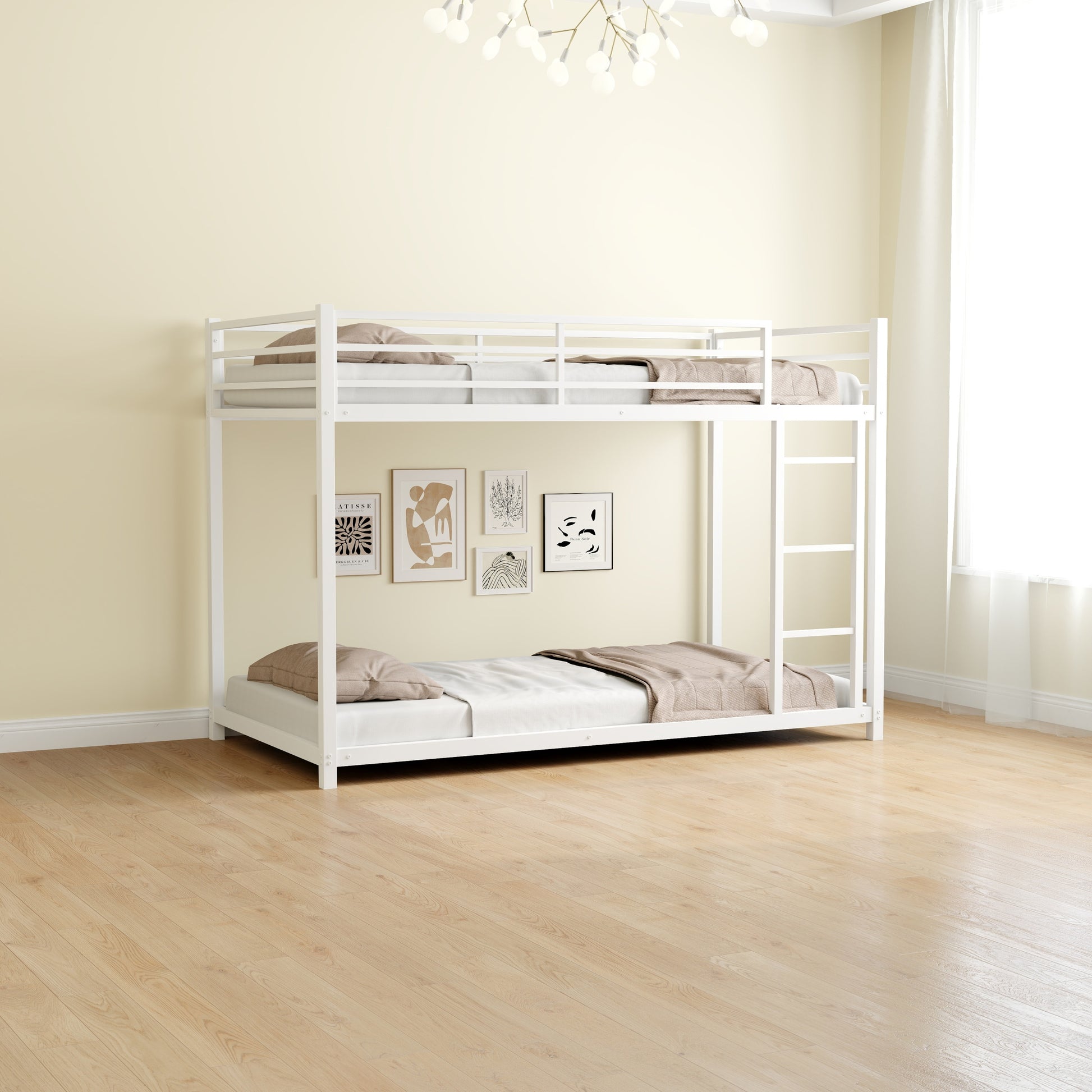 Metal Twin Over Twin Bunk Bed Heavy Duty Sturdy Metal Noise Reduced Safety Guardrail No Box Spring Needed,White Twin White Metal Metal