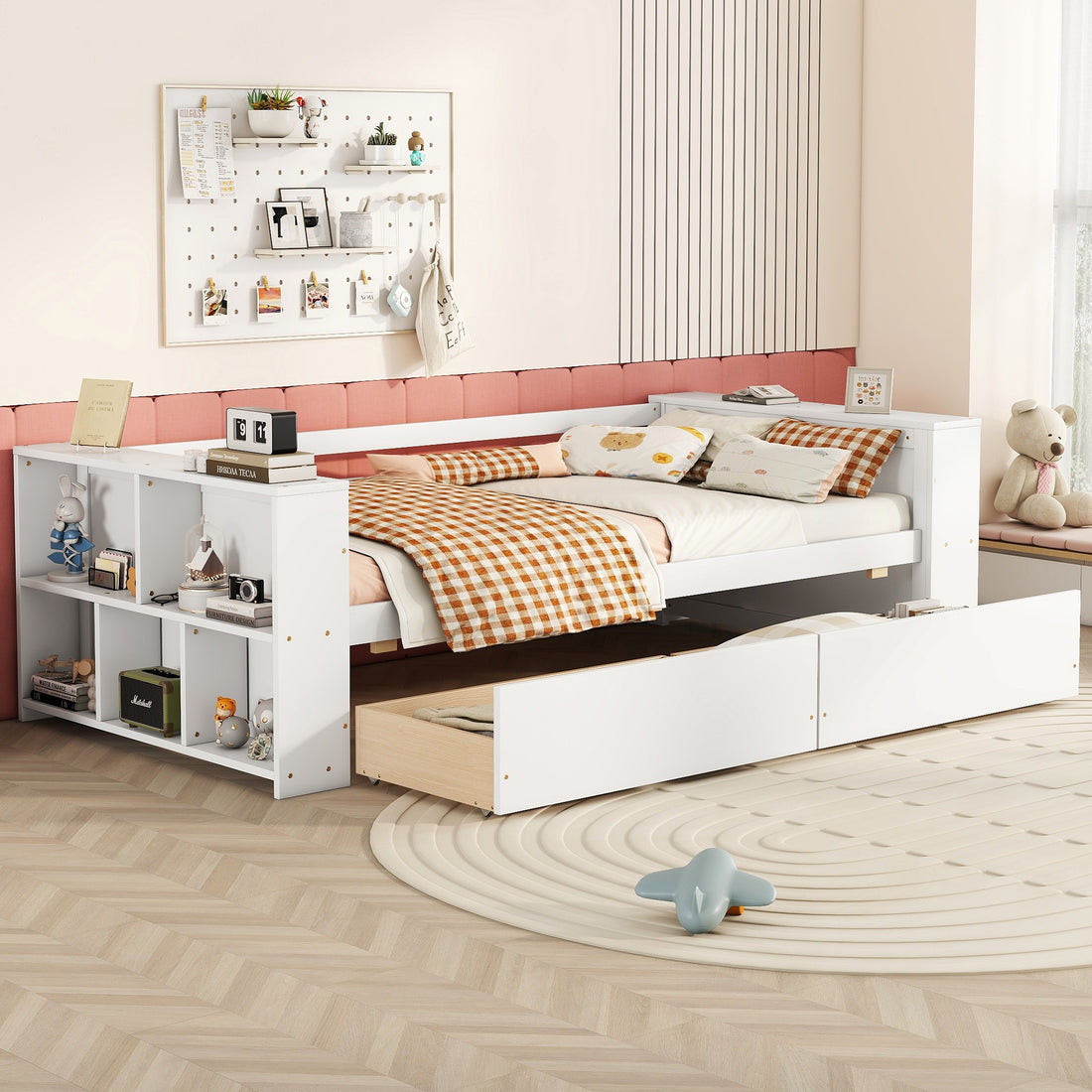 Twin Size Daybed With Shelves And Drawers, White Twin White Pine