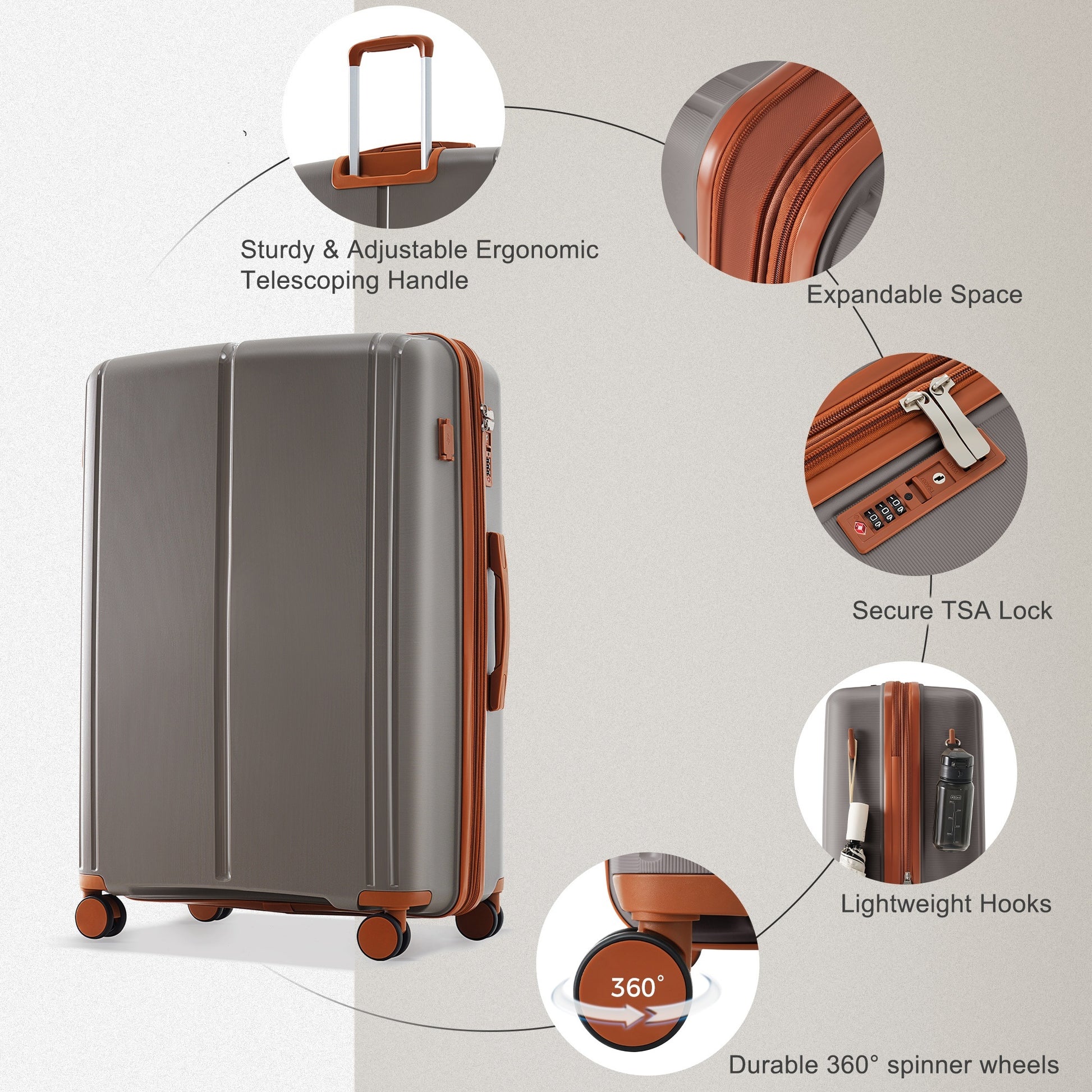 Luggage Sets 3 Piece Suitcase Set 20 24 28 With Usb Port,Carry On Luggage Airline Approved,Pp Lightweight Suitcase With Spinner Wheels, Brown Brown Polypropylene