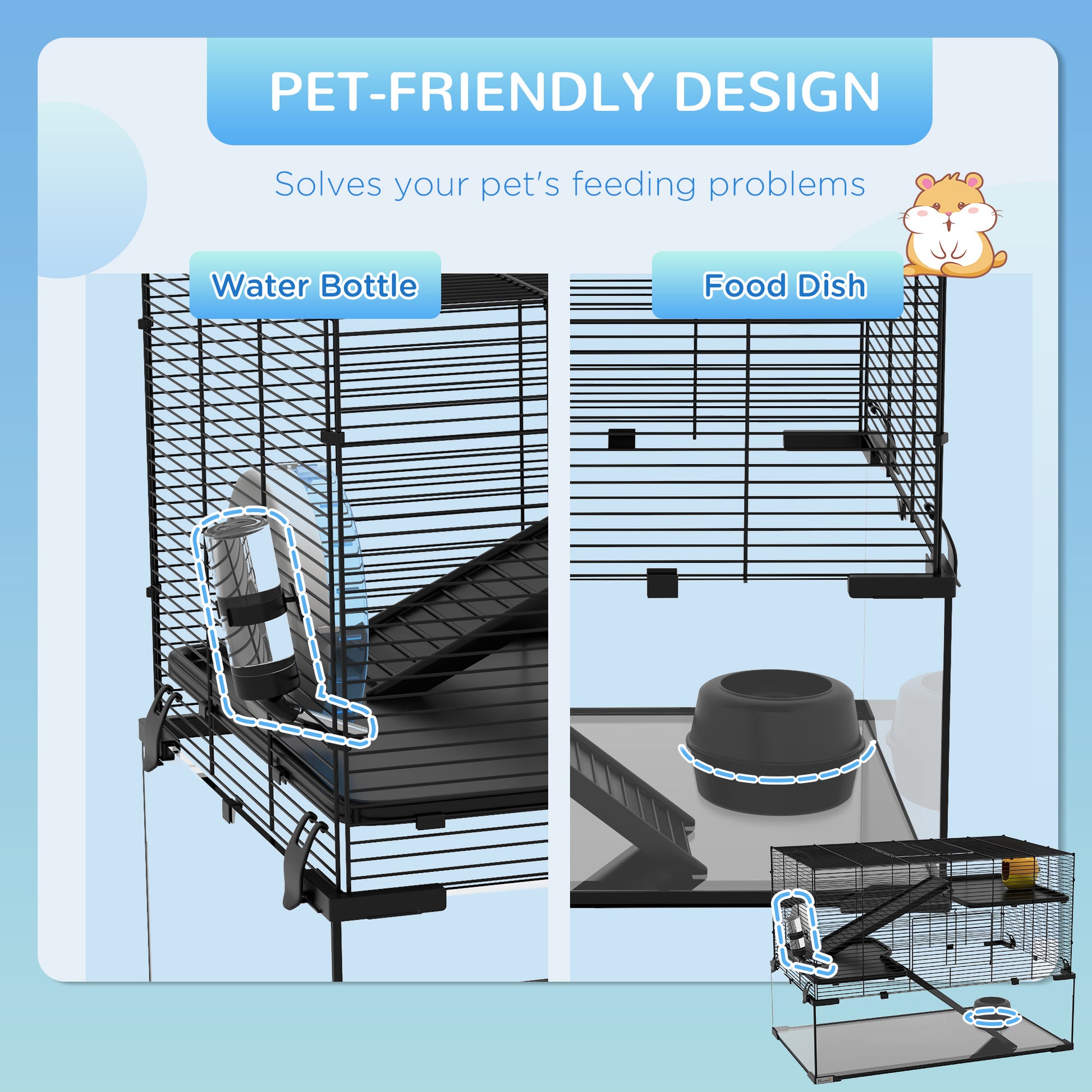 Pawhut Hamster Cage, 31" Gerbil Cage With Glass Basin, Ramps, Platforms, Hut, Exercise Wheel, For Small Hamsters, Black Black Steel