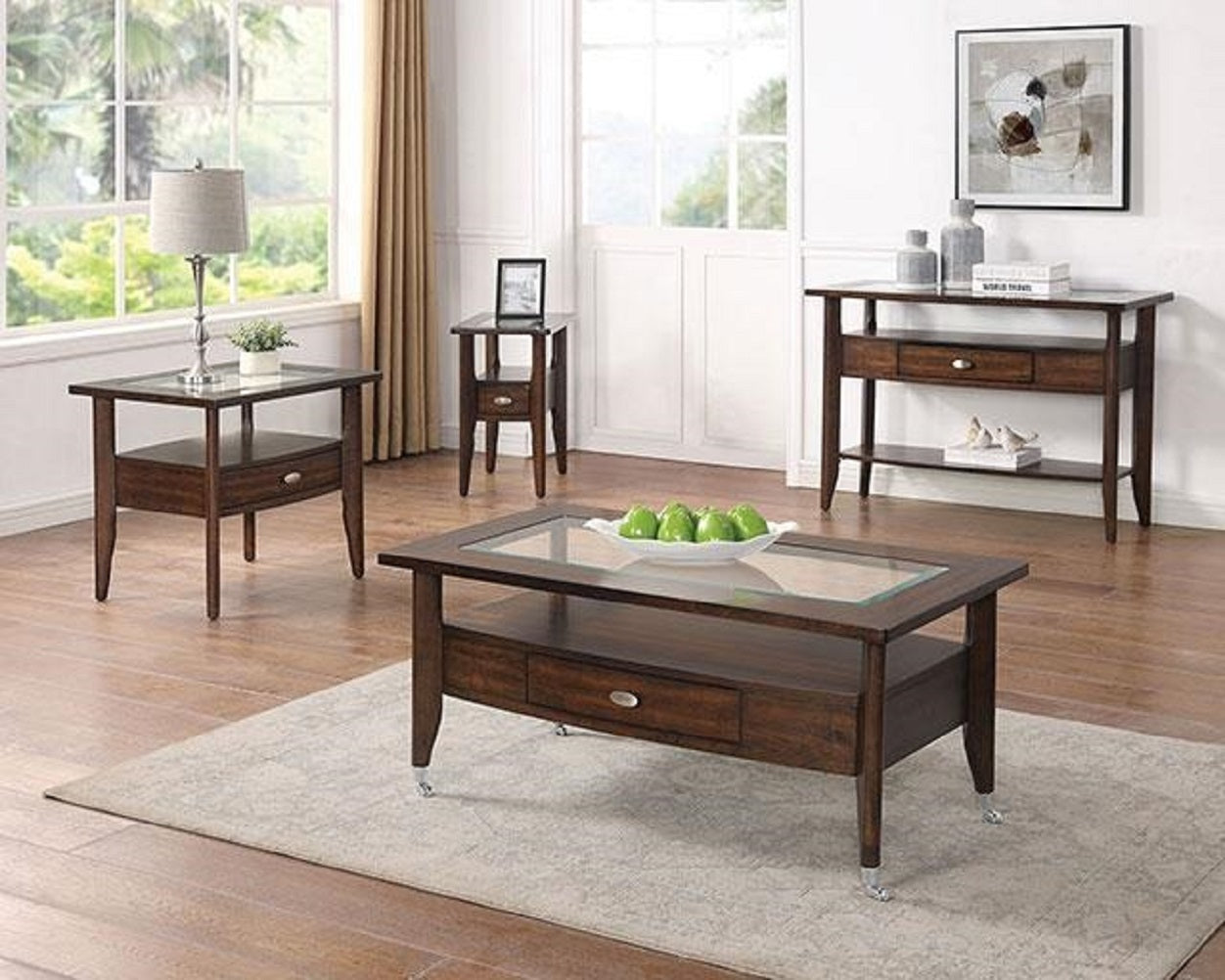 Transitional Dark Walnut Solid Wood 1Pc Sofa Table 5Mm Glass Insert Console Table Top Storage Drawer Living Room Furniture Walnut Primary Living Space Classic,Modern,Transitional Console Tables Rectangular Glass,Solid Wood