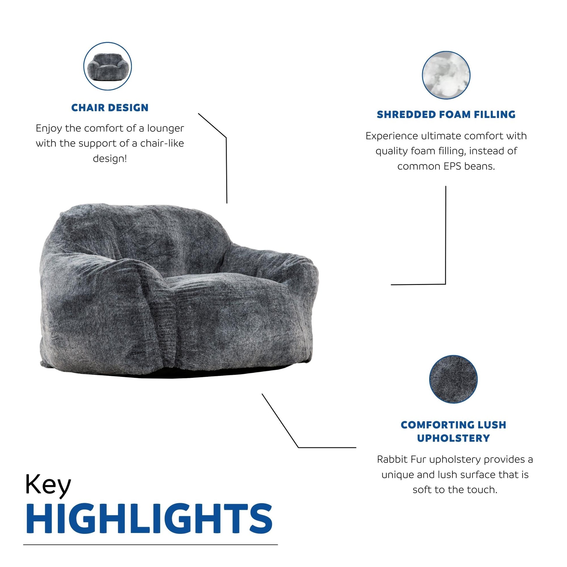 Modern Soft Faux Fur Memory Foam Bean Bag With Armrest, Living Room Lounger Chair, Blue Gray Black Grey Polyester Primary Living Space Soft Modern Memory Foam Polyester