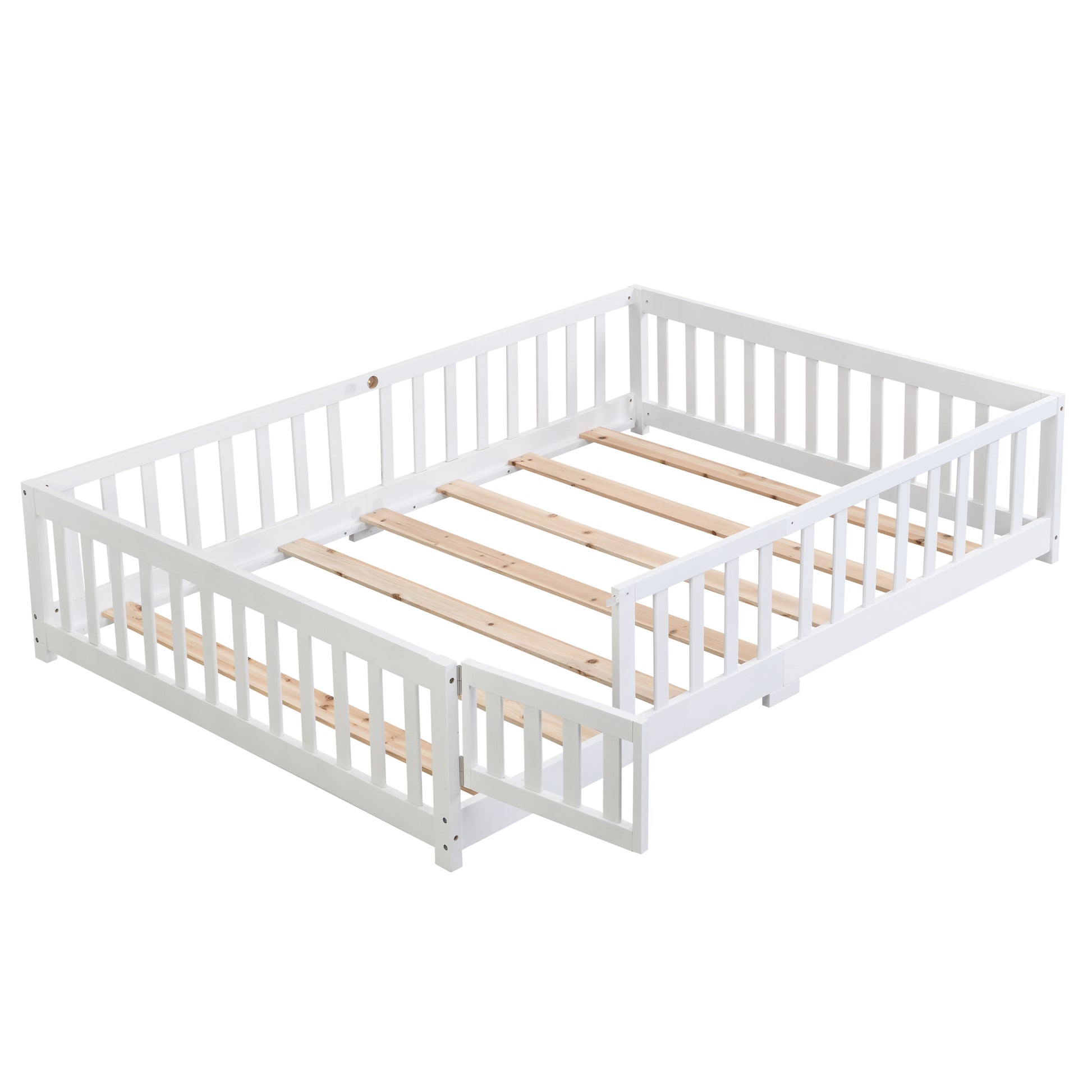 Queen Size Floor Bed With Door,Solid Wood Platform Bed Frame With Fence,Suitable For Children,Pine Wood,White Queen White Wood