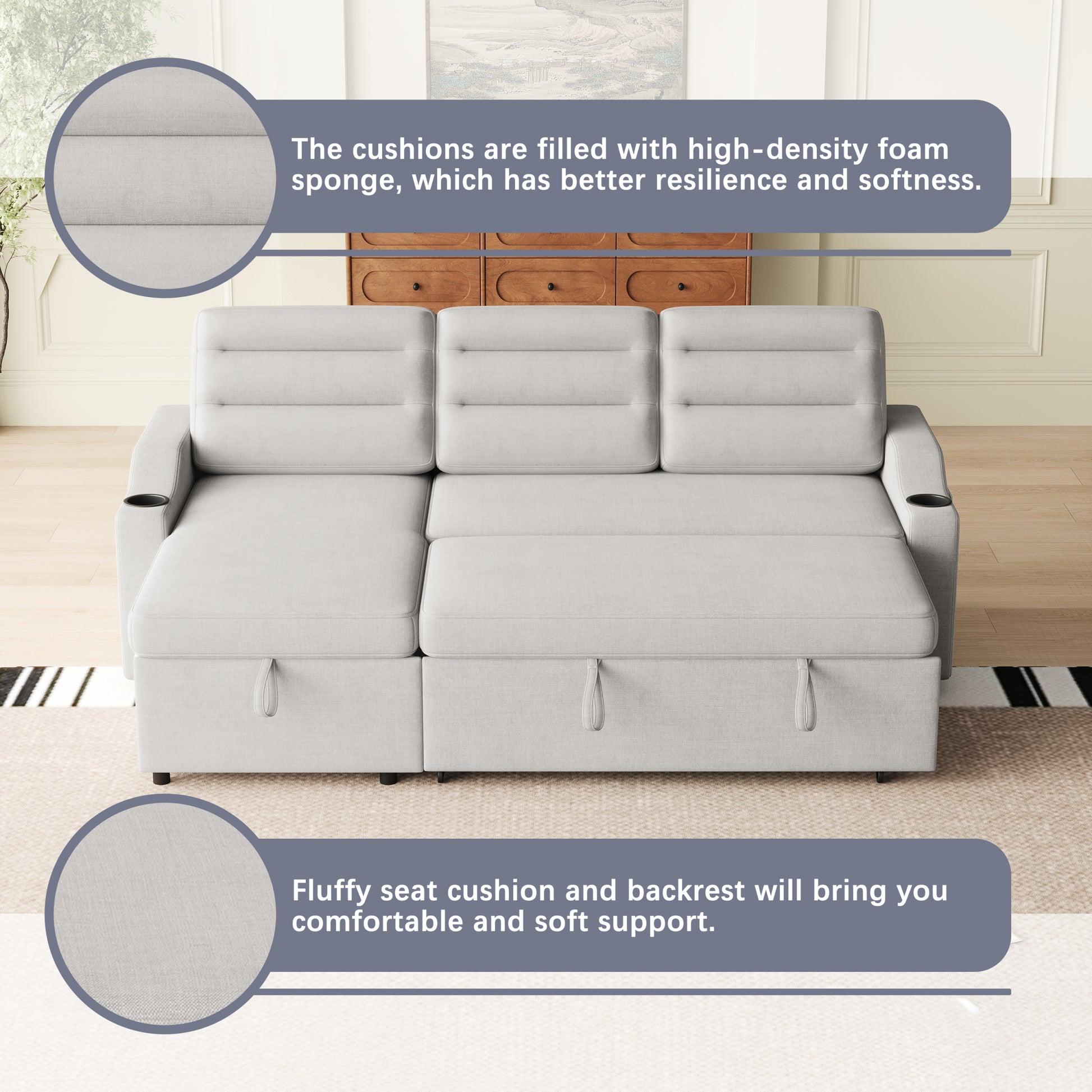 Mh83.5" Convertible Sleeper Combo Sofa, Convertible Sofa Bed Polyester Pullout Bed With Storage Recliner And Cup Holder For Living Room, Tight Spaces Light Grey Polyester Primary Living Space Pine Foam Fabric 3 Seat