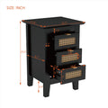 3 Pieces Bedroom Sets Queen Size Wooden Platform Bed With Natural Rattan Headboard, Nightstands Set Of 2 With Rattan Woven Surfaces And Three Drawers For Bedroom, Black Black Particle Board