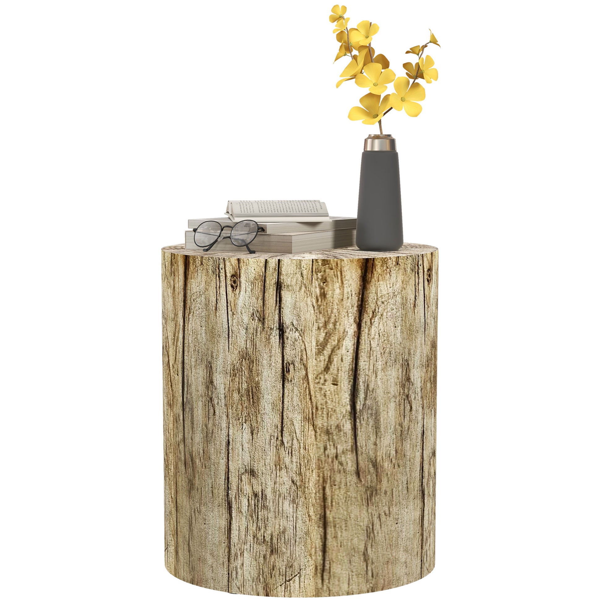 Homcom Tree Stump Stool, Decorative Side Table With Round Tabletop, Concrete End Table With Wood Grain Finish For Indoors And Outdoors Natural Wood Concrete