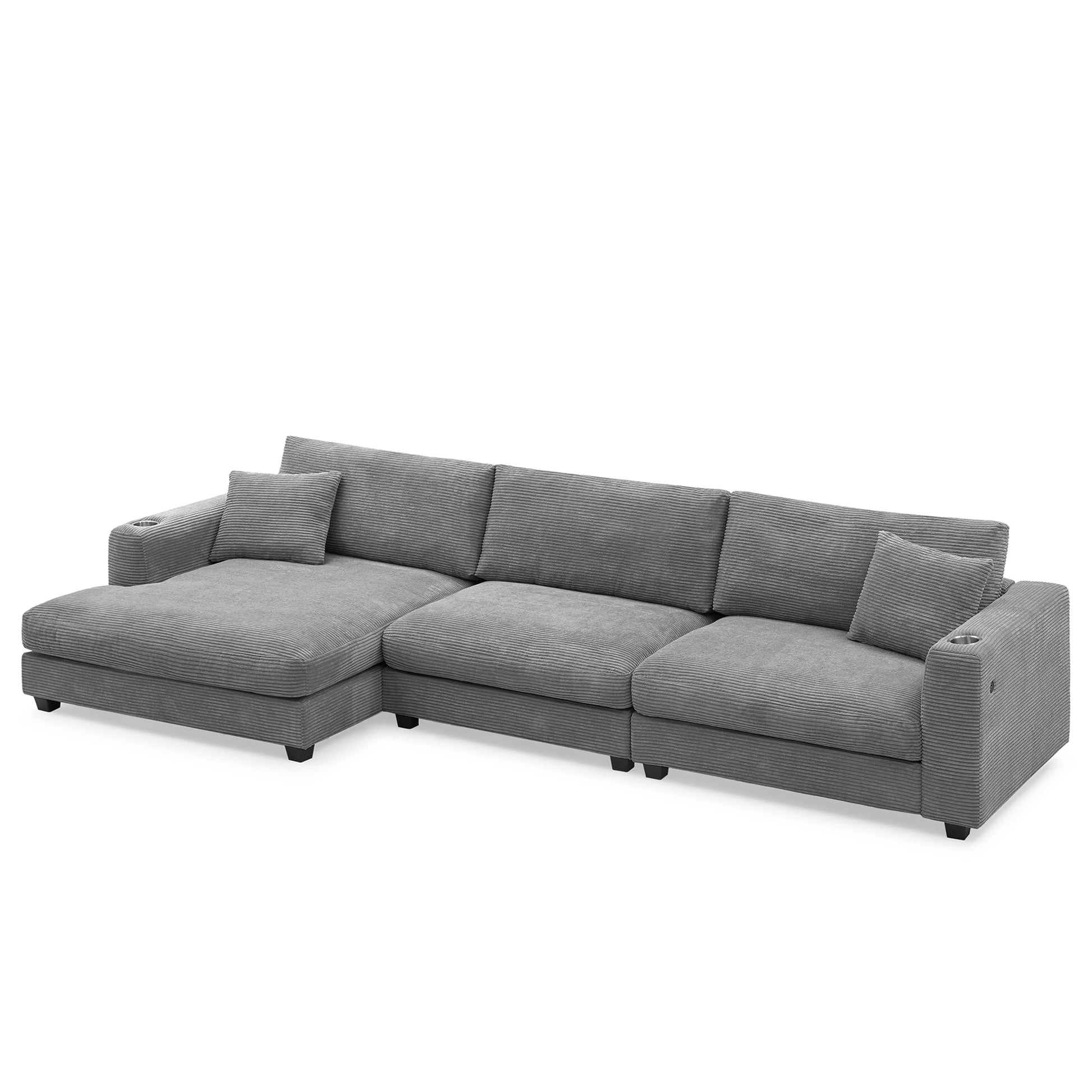 134*54"Oversized Corduroy Sectional Sofa,L Shaped Cloud Couch With Usb Charging Port,Cup Holder,Deep Seat Sofa Bed With 50" Chaise,Comfy Indoor Furniture For Living Room,3 Colors Gray Corduroy 4 Seat