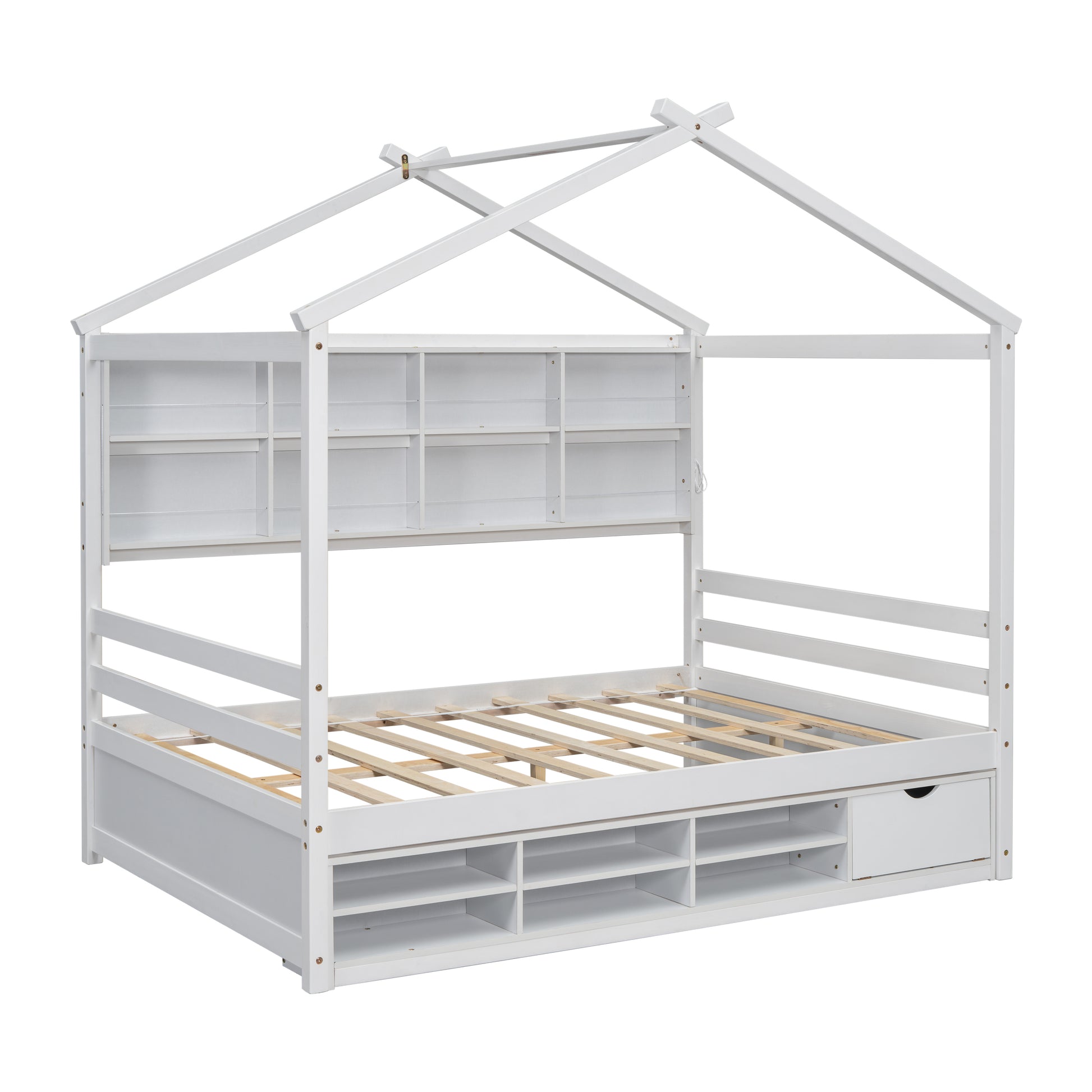 Full House Bed With Roof Frame, Bedside Shelves, Under Bed Storage Unit,White Full White American Design Pine