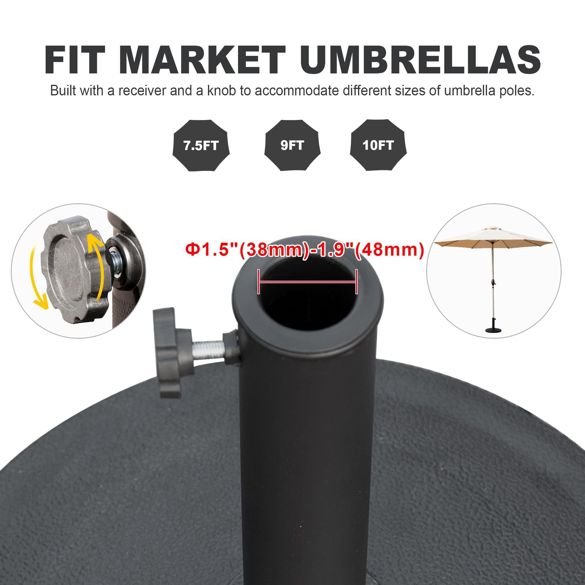 Patio Umbrella Base, Umbrella Stand Base With Adjustable Knob, Patio Table Umbrella Base For Outdoor 1.5'' 1.9'' Market Umbrella Heavy Duty Umbrella Holder, Black Black Resin