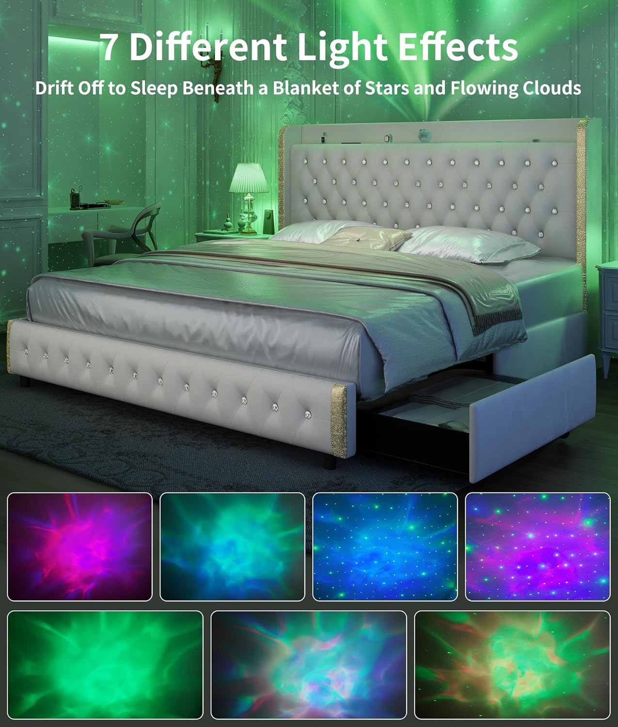 Queen Size Bed Frame With 4 Drawers, Star Projector Galaxy Light, Wingback Upholstered Headboard With Diamond Button, Usb Charger And Music Speaker, Pu Leather Cream Mdf Metal