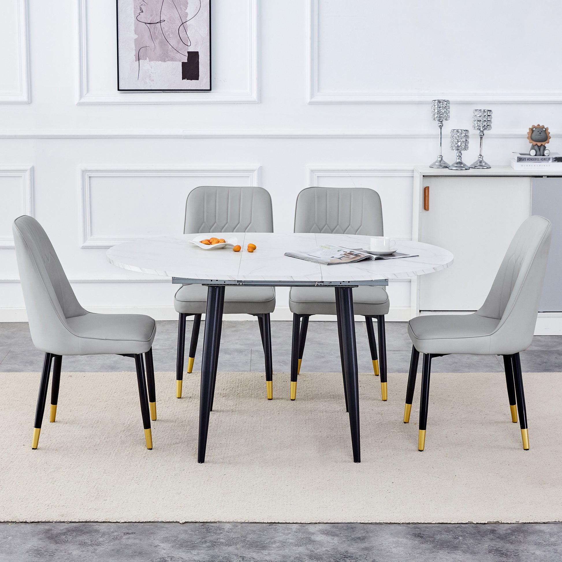 Table And Chair Set.Modern Extendable Mdf Dining Table.The Table Has A Telescopic Design, Suitable For Gatherings Of Different Size.Paired With 4 Light Gray Chairs With Pu Cushions And Metal Legs. Light Gray,White Seats 4 Mdf Metal