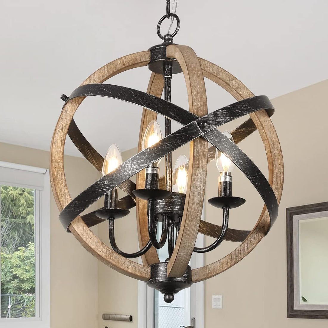 Farmhouse Chandelier Light Fixtures 4 Light Dining Room Light Fixtures Height Adjustable Rustic Wood Light Fixtures Ceiling Hanging For Kitchen, Living Room, Hallway, Bedroom, Foyer Entryway Wood Wood Metal