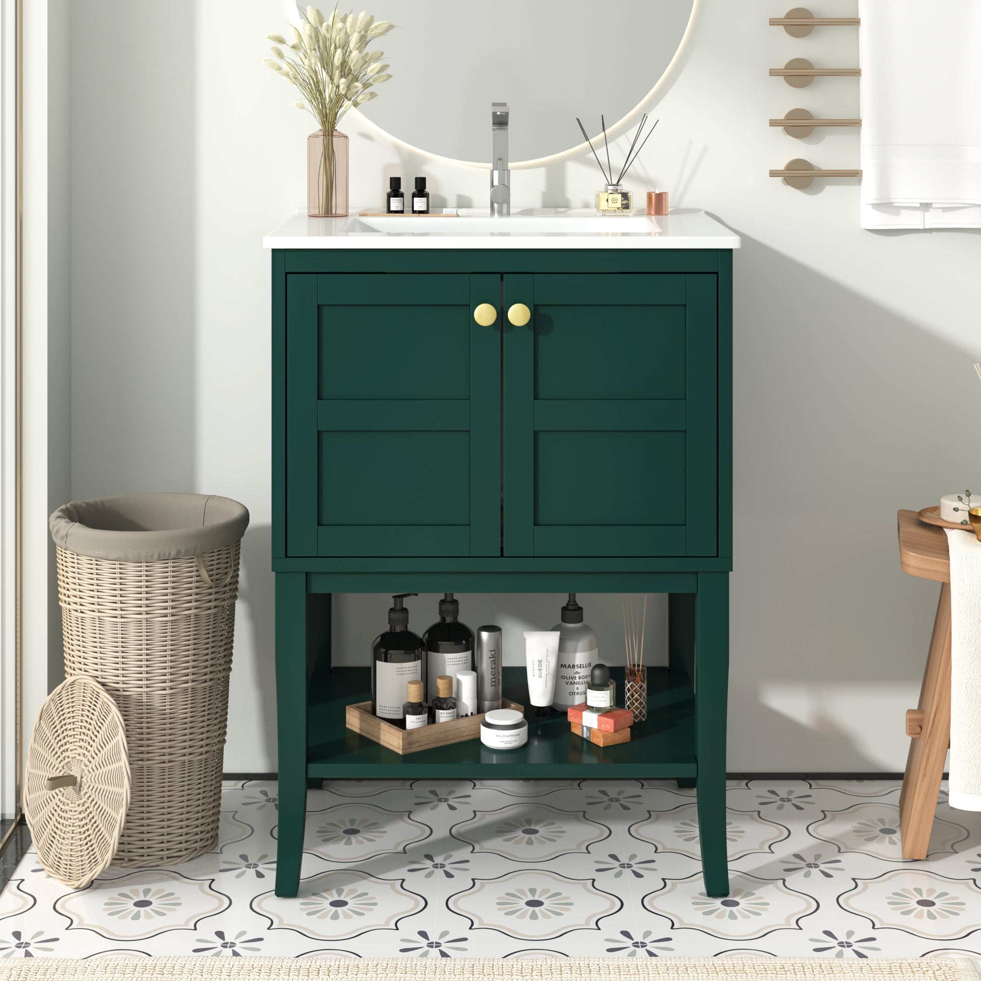 24'' Bathroom Vanity With Top Sink, Modern Bathroom Storage Cabinet With 2 Doors, Single Sink Bathroom Vanity Green 2 1 Adjustable Hinges Bathroom Freestanding Modern Solid Wood Mdf Resin Painted