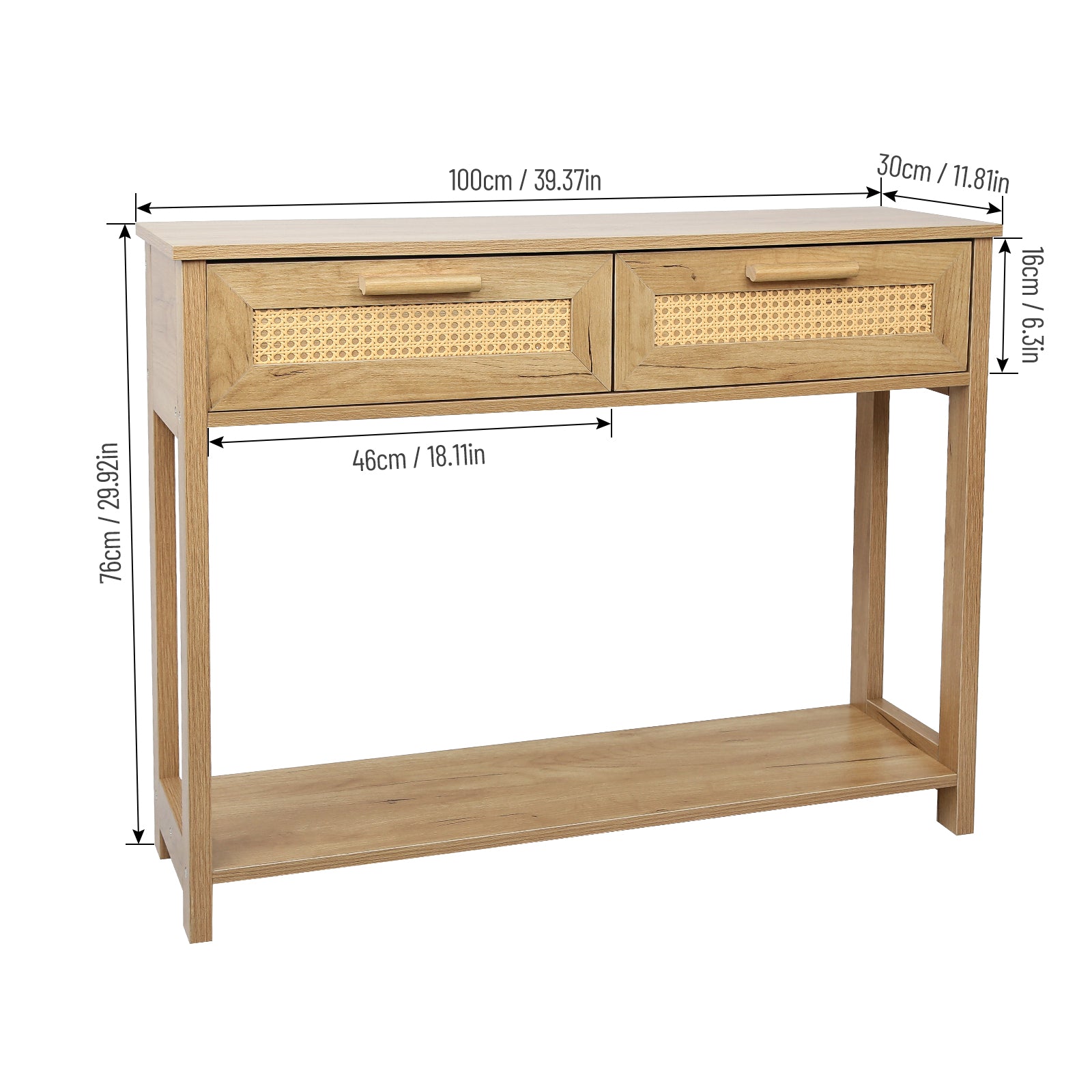 Console Table With 2 Drawers, Sofa Table, Entryway Table With Open Storage Shelf, Narrow Accent Table With Rattan Design For Living Room Entryway Hallway, Natural Color Natural Particle Board