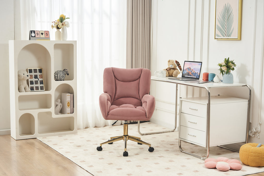 005 Velvet Fabric 360 Swivel Home Office Chair With Gold Metal Base And Universal Wheels,Pink Solid Pink Office Sponge Wipe Clean Modern Office Chairs Tufted Back Foam Swivel Velvet