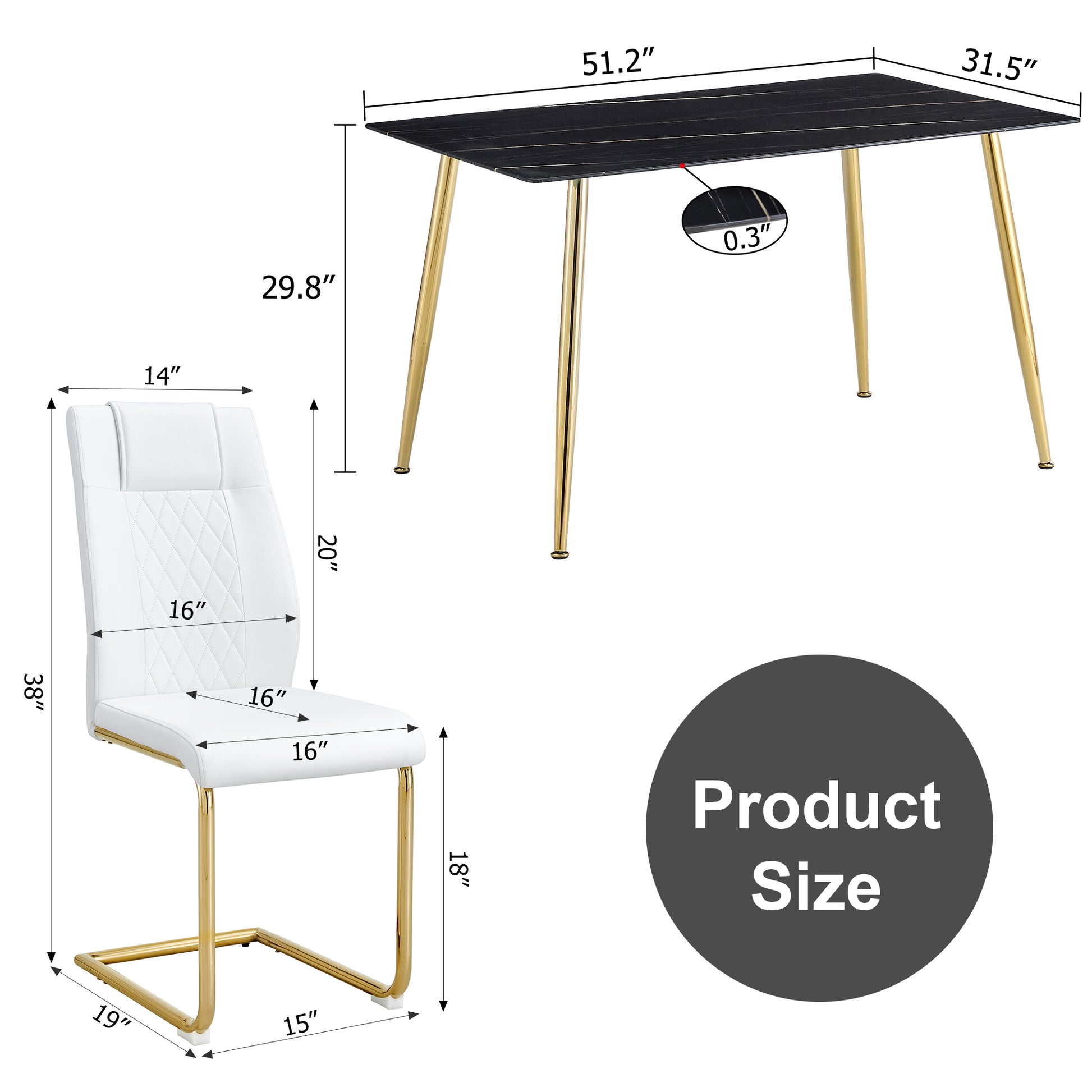 Table And Chair Set. 1 Table With 4 White Pu Chairs. Modern Minimalist Rectangular Black Imitation Marble Dining Table, With Golden Metal Legs. Paired With 4 Chairs With Golden Legs.Dt 1544 C001 Black Gold Glass Metal