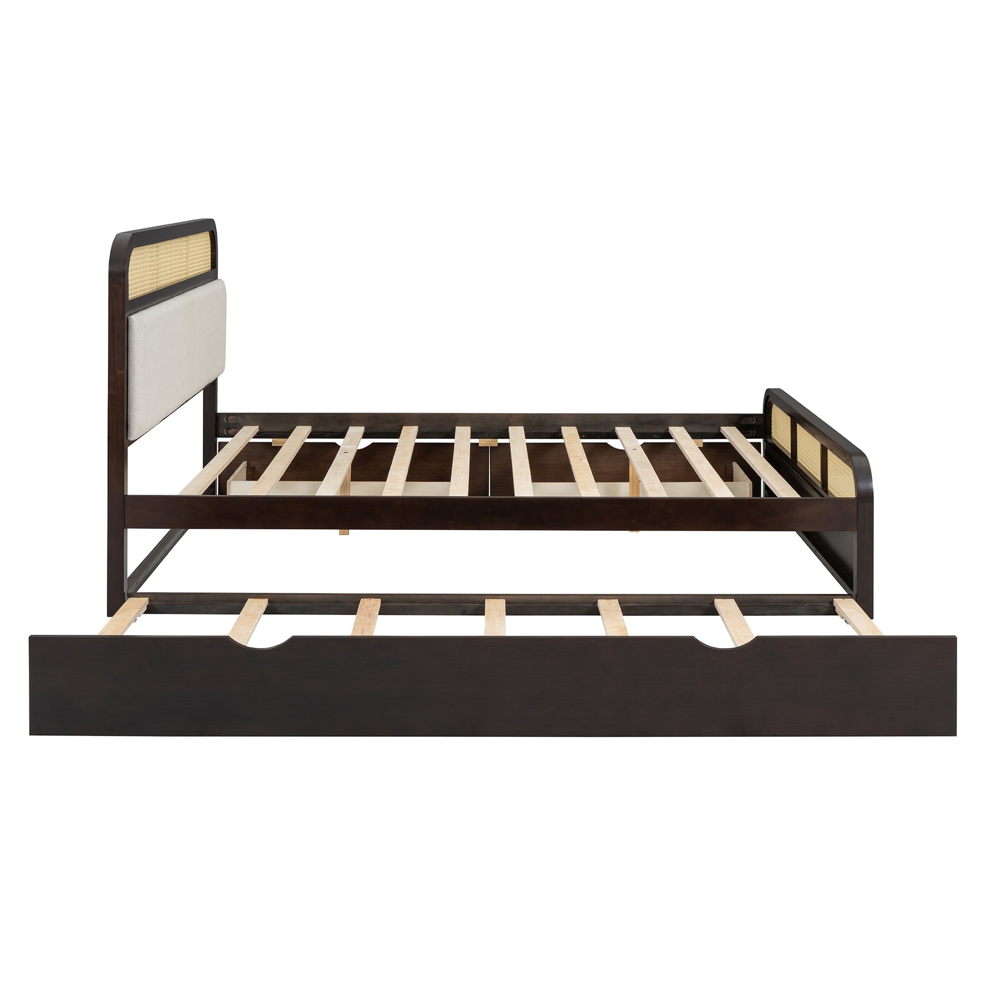 Queen Size Wooden Platform Bed With Trundle And 2 Drawers,Espresso Queen Espresso Solid Wood Mdf