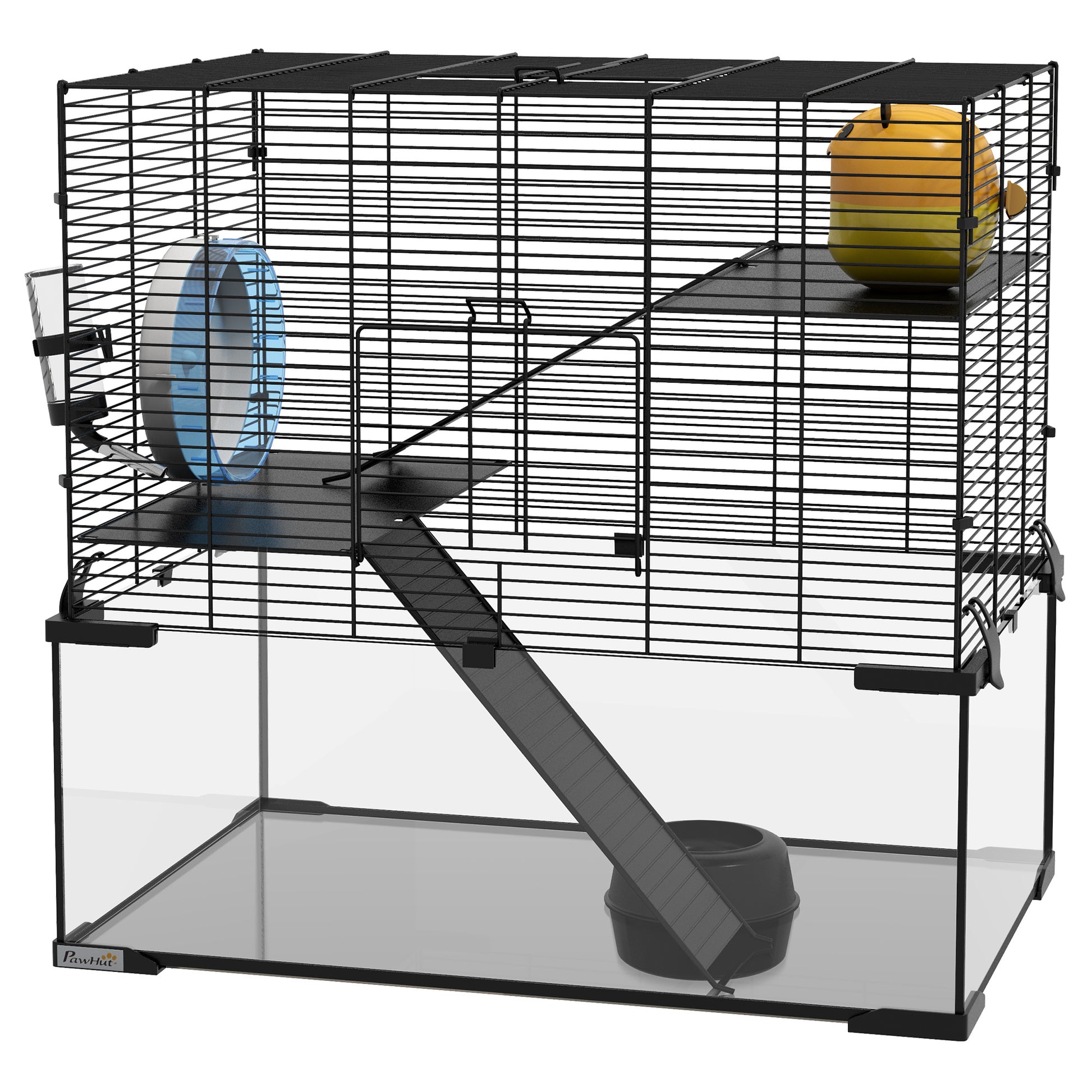 Pawhut Hamster Cage, 23.5" Gerbil Cage With Glass Basin, Ramps, Platforms, Hut, Exercise Wheel, For Small Hamsters, Black Black Steel