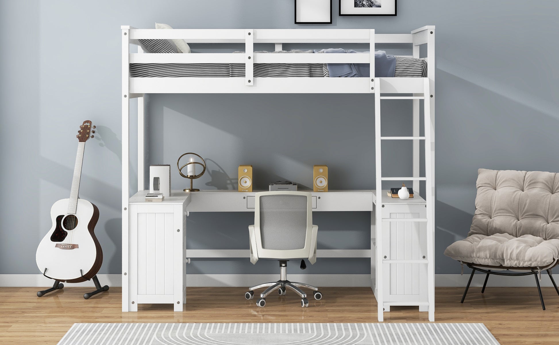 Twin Size Loft Bed With U Shaped Desk, Drawers And Storage Shelves, White Box Spring Not Required Twin White Wood Bedroom Solid Wood Mdf