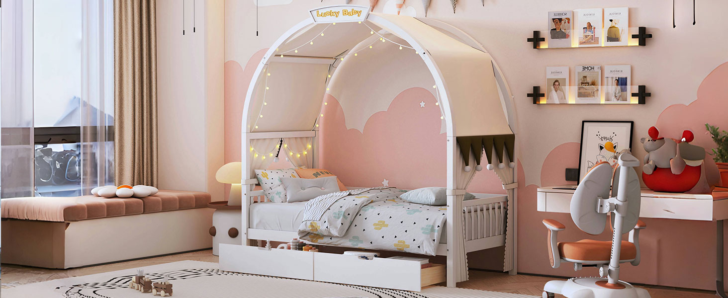 Twin Size Bed With Arched Roof And 2 Drawers, White Twin White Plywood