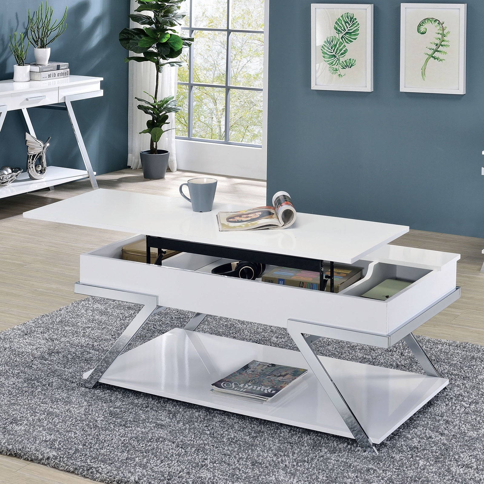 Contemporary Style White 1Pc Coffee Table Lift Top Design High Gloss Finish Chrome Frame Living Room Furniture White Primary Living Space Antique,Classic,Contemporary,Modern,Transitional Drawers Rectangular Coffee & End Tables Steel