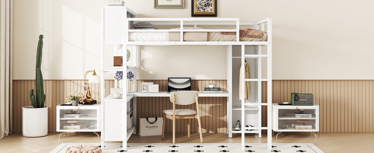 Metal Loft Bed With Wardrobe And L Shaped Desk, Full Size Loft Bed With Storage Cubes And Shelves, Heavy Duty Loft Bed For Kids Teens Adults, White Pre Sale Date: August 10Th Full Off White Metal